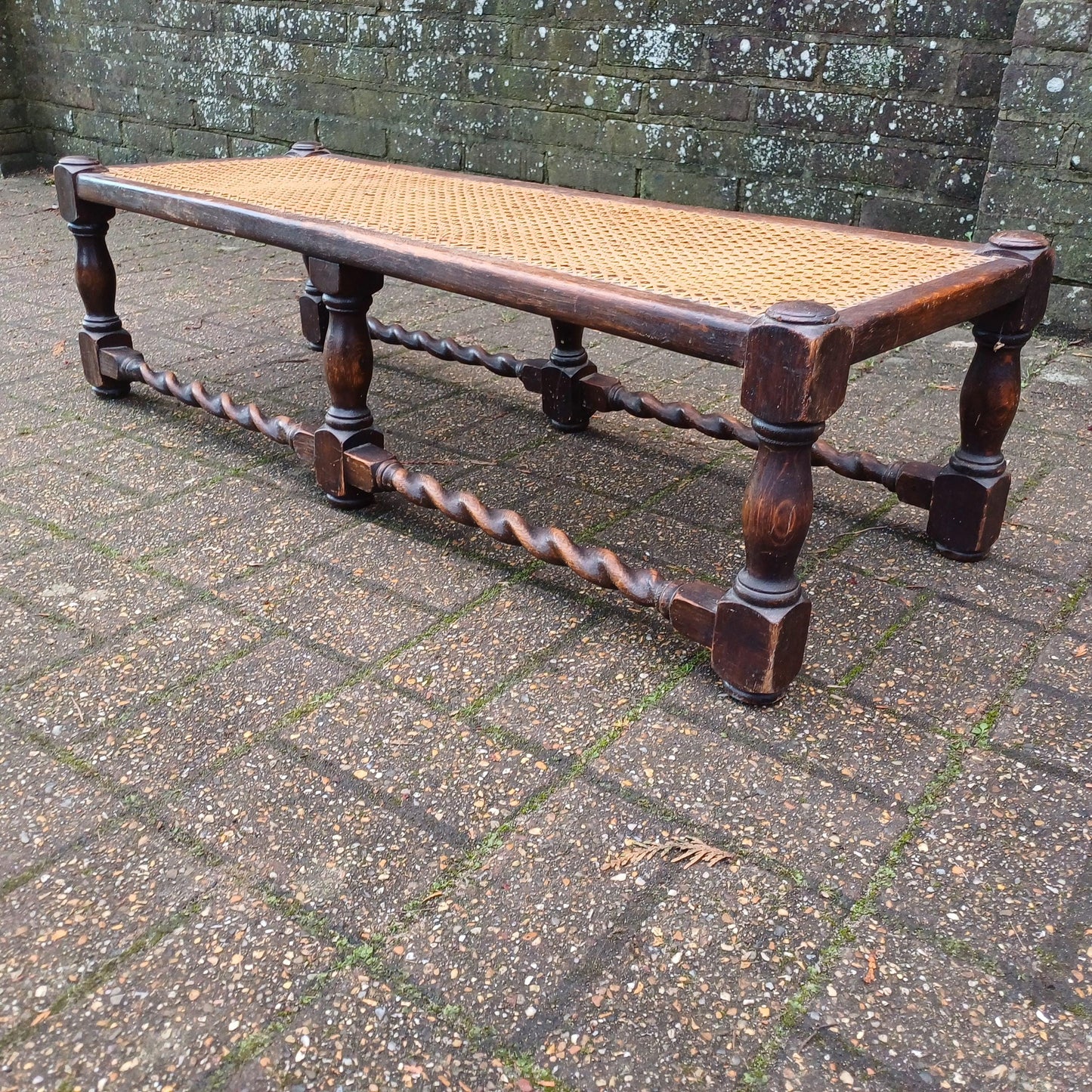 Early 20th Century Oak Stool with Turned Legs Bold Still Life Tapestry Cushion & Cane Seat