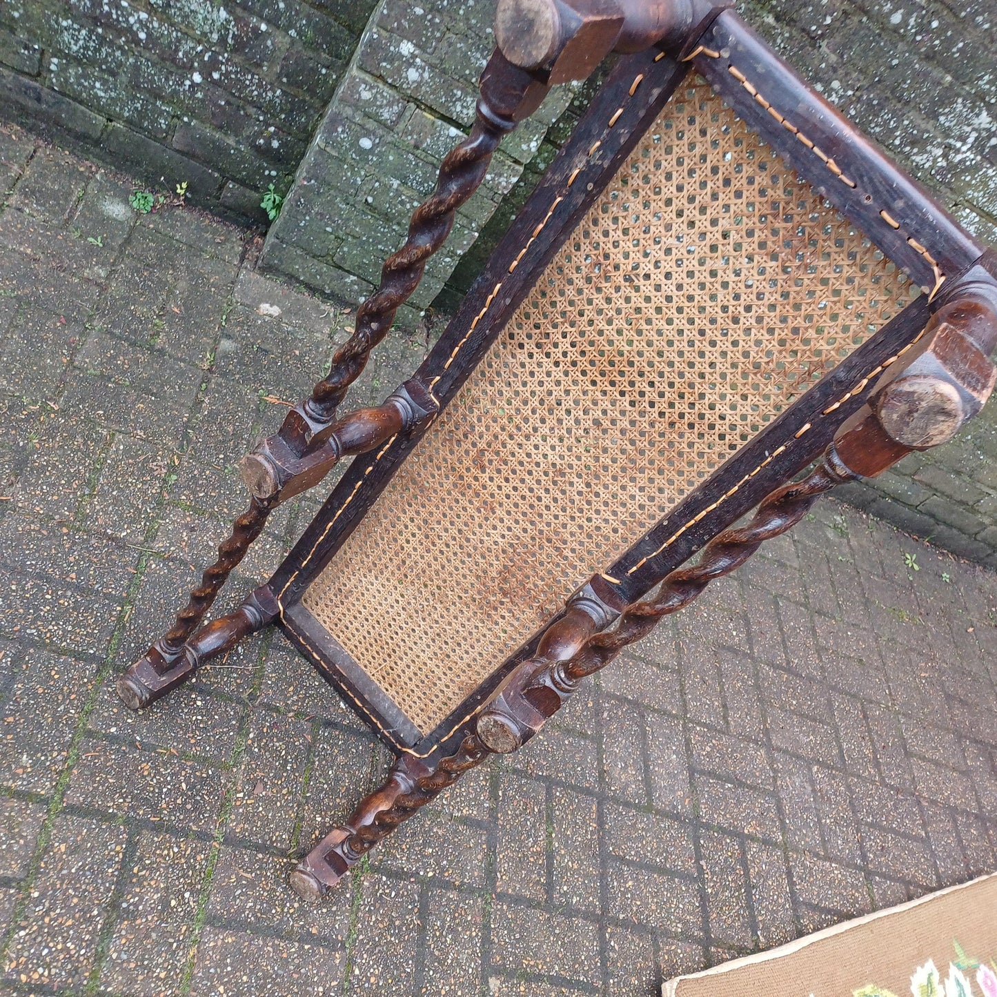 Early 20th Century Oak Stool with Turned Legs Bold Still Life Tapestry Cushion & Cane Seat