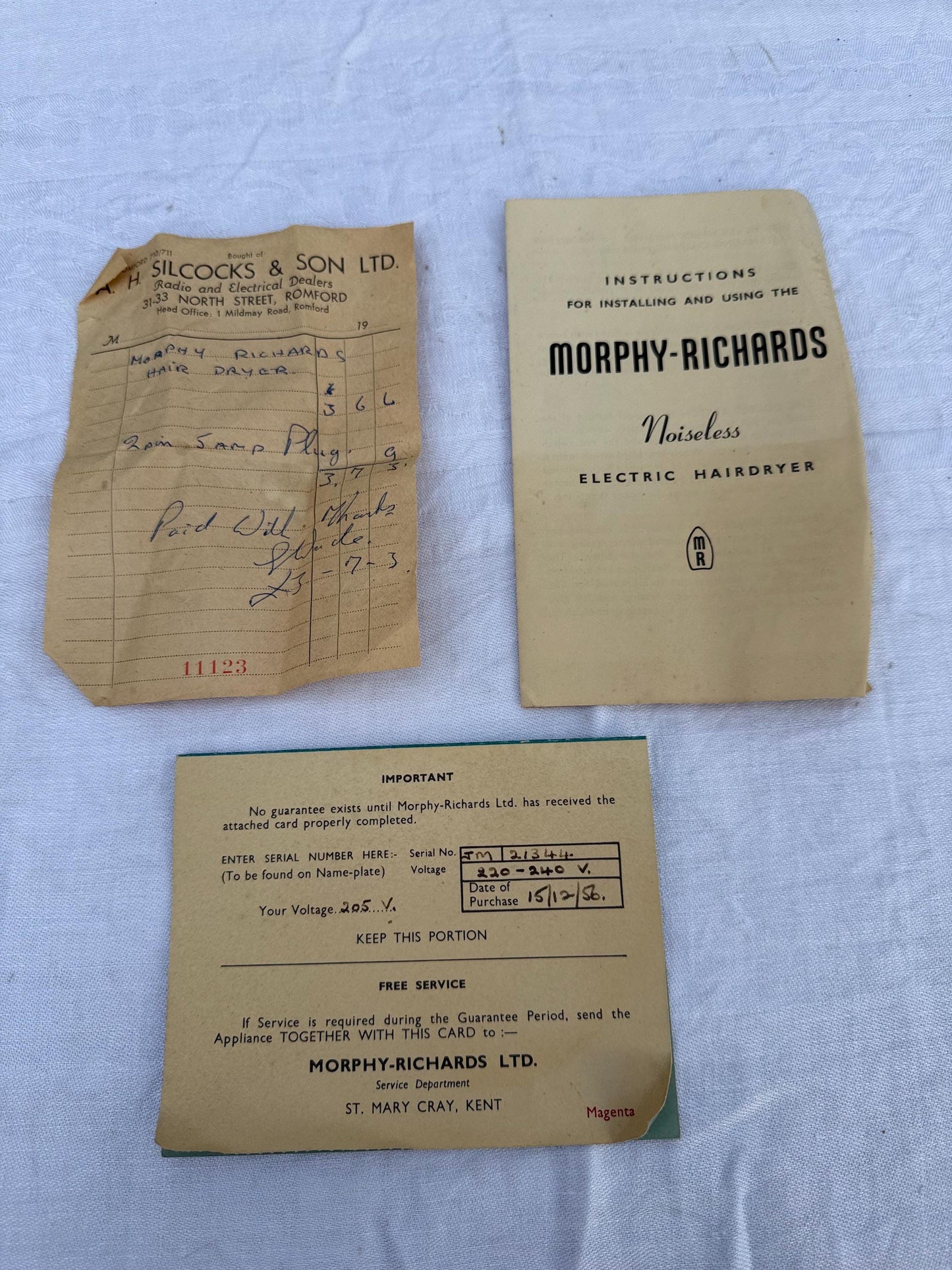 Vintage Hairdryer - Original 1950s Morphy Richards Noiseless HairDryer - in original box, with guarantee and sales receipt