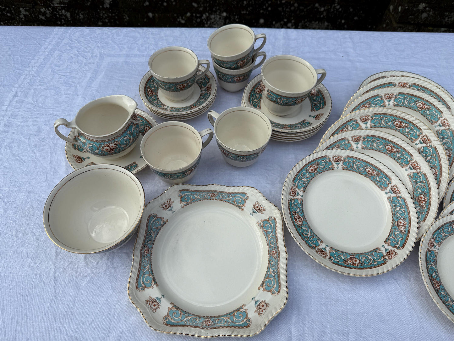 Vintage Tea Service by Johnson Bros, Old English China Floral, Cups Saucers Side Plates Milk Jug Bowl Cake Plate - super tea set 31 pieces