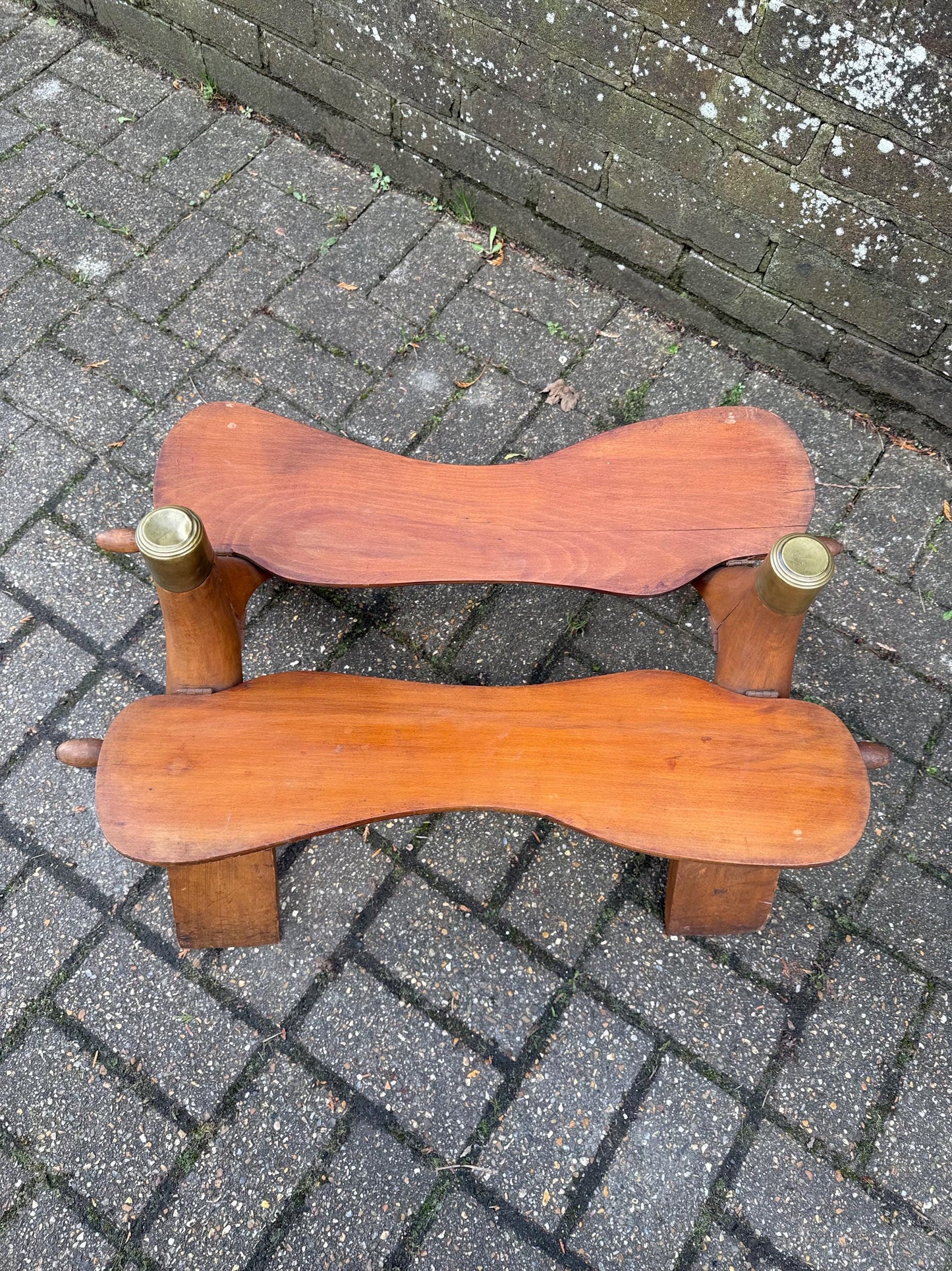 Vintage original camel stool - wooden frame with original leather seat (needs stitching) - sturdy and solid
