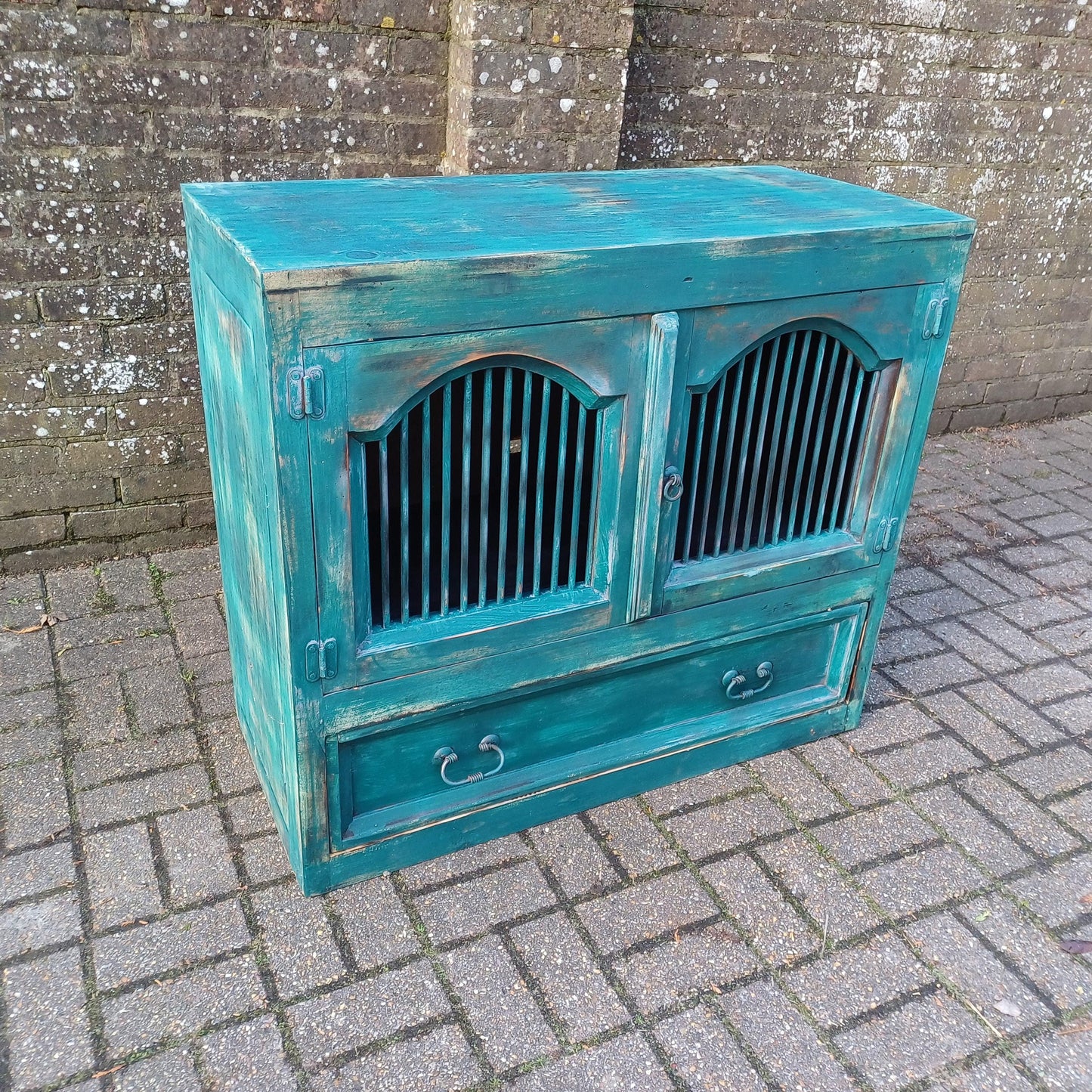 Rustic Vintage Solid Wood Bespoke Hand Painted 'Teal' Cupboard Sideboard Iron Door Detail FREE HAND Delivery