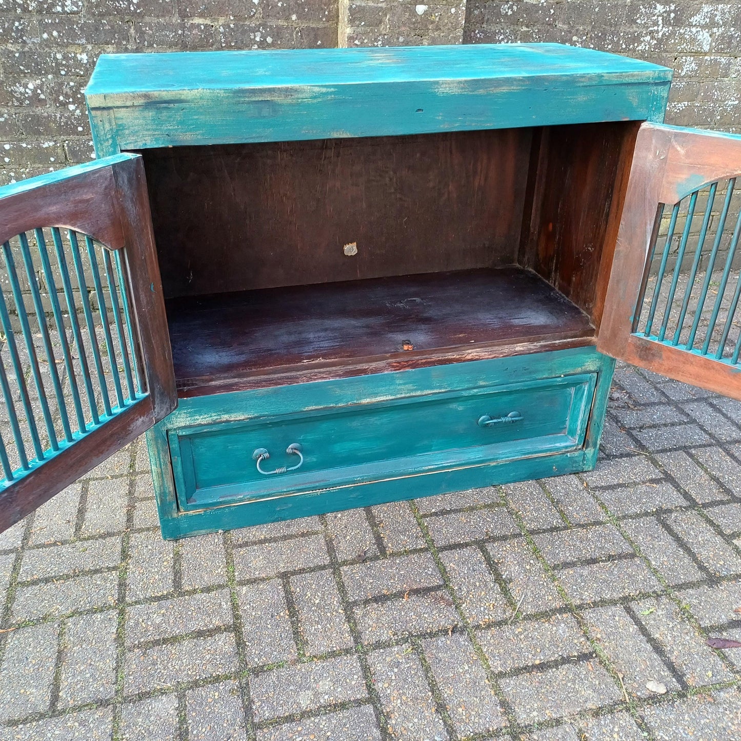Rustic Vintage Solid Wood Bespoke Hand Painted 'Teal' Cupboard Sideboard Iron Door Detail FREE HAND Delivery