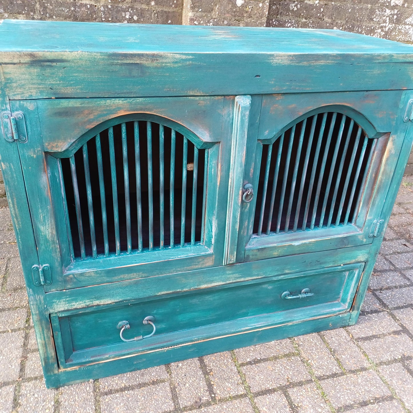 Rustic Vintage Solid Wood Bespoke Hand Painted 'Teal' Cupboard Sideboard Iron Door Detail FREE HAND Delivery