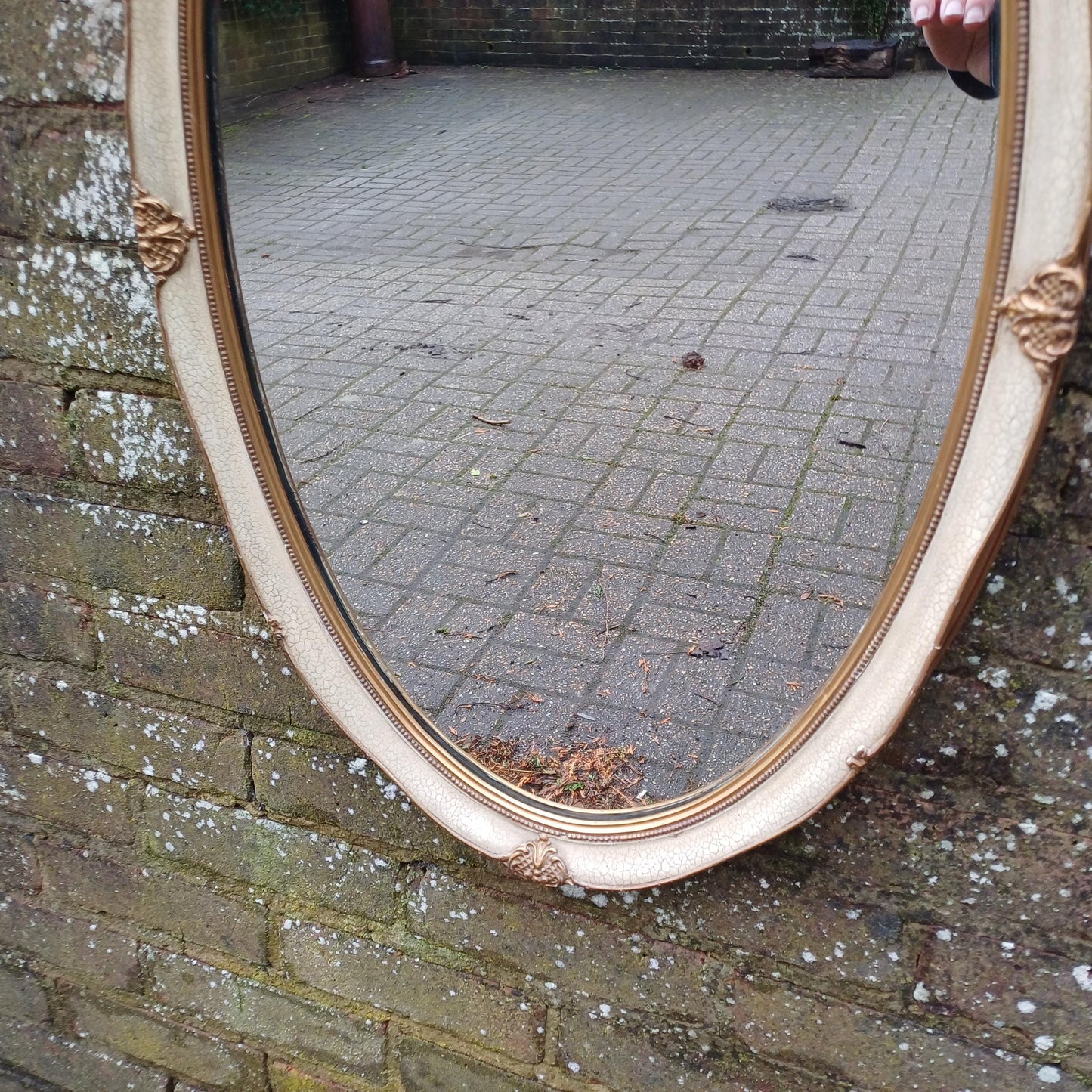 Large Vintage 60s/70s Gold and Cream Oval Mirror Crackle Glazed Effect.