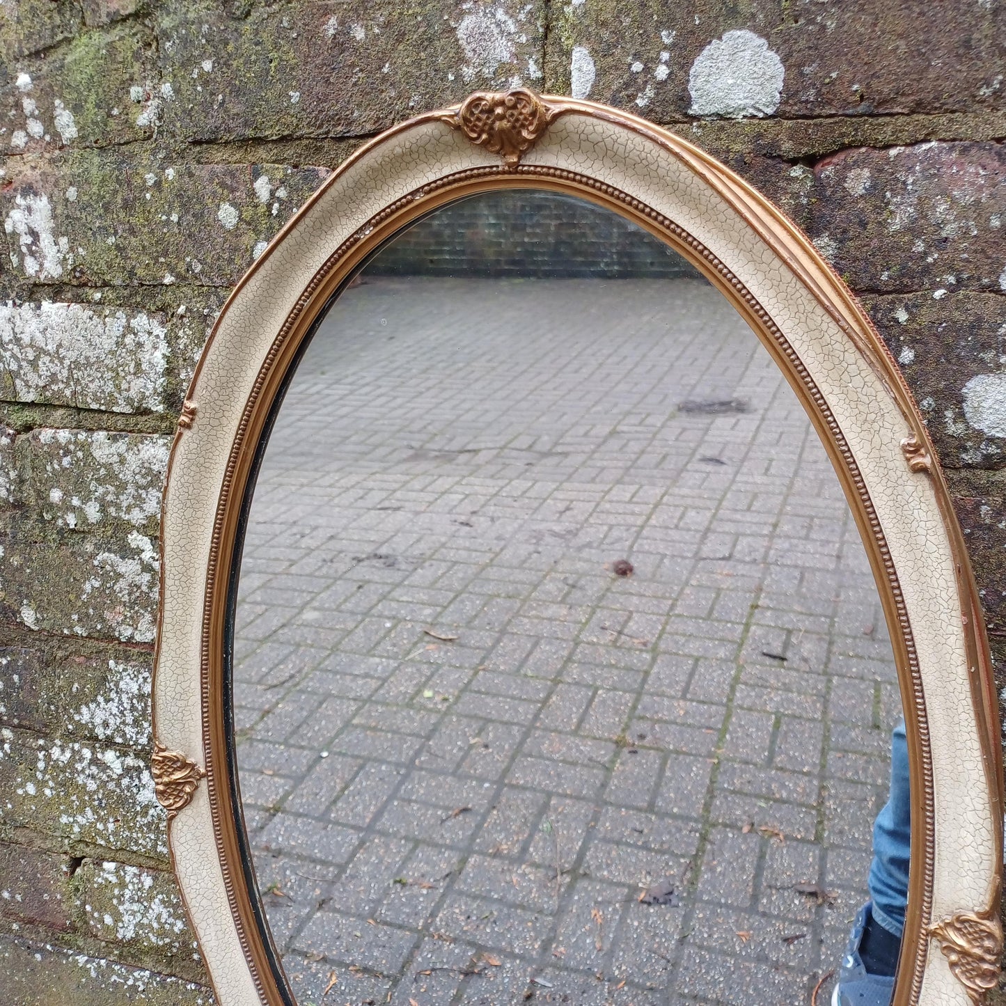 Large Vintage 60s/70s Gold and Cream Oval Mirror Crackle Glazed Effect.