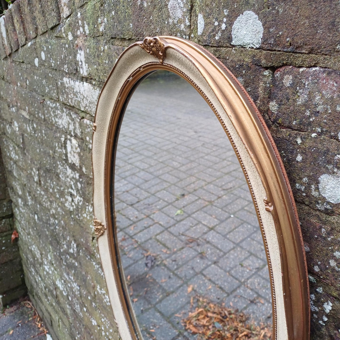 Large Vintage 60s/70s Gold and Cream Oval Mirror Crackle Glazed Effect.