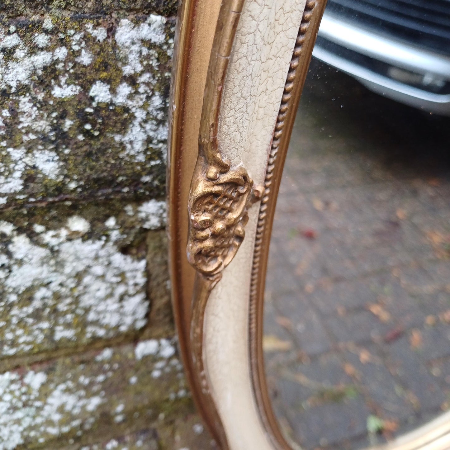 Large Vintage 60s/70s Gold and Cream Oval Mirror Crackle Glazed Effect.