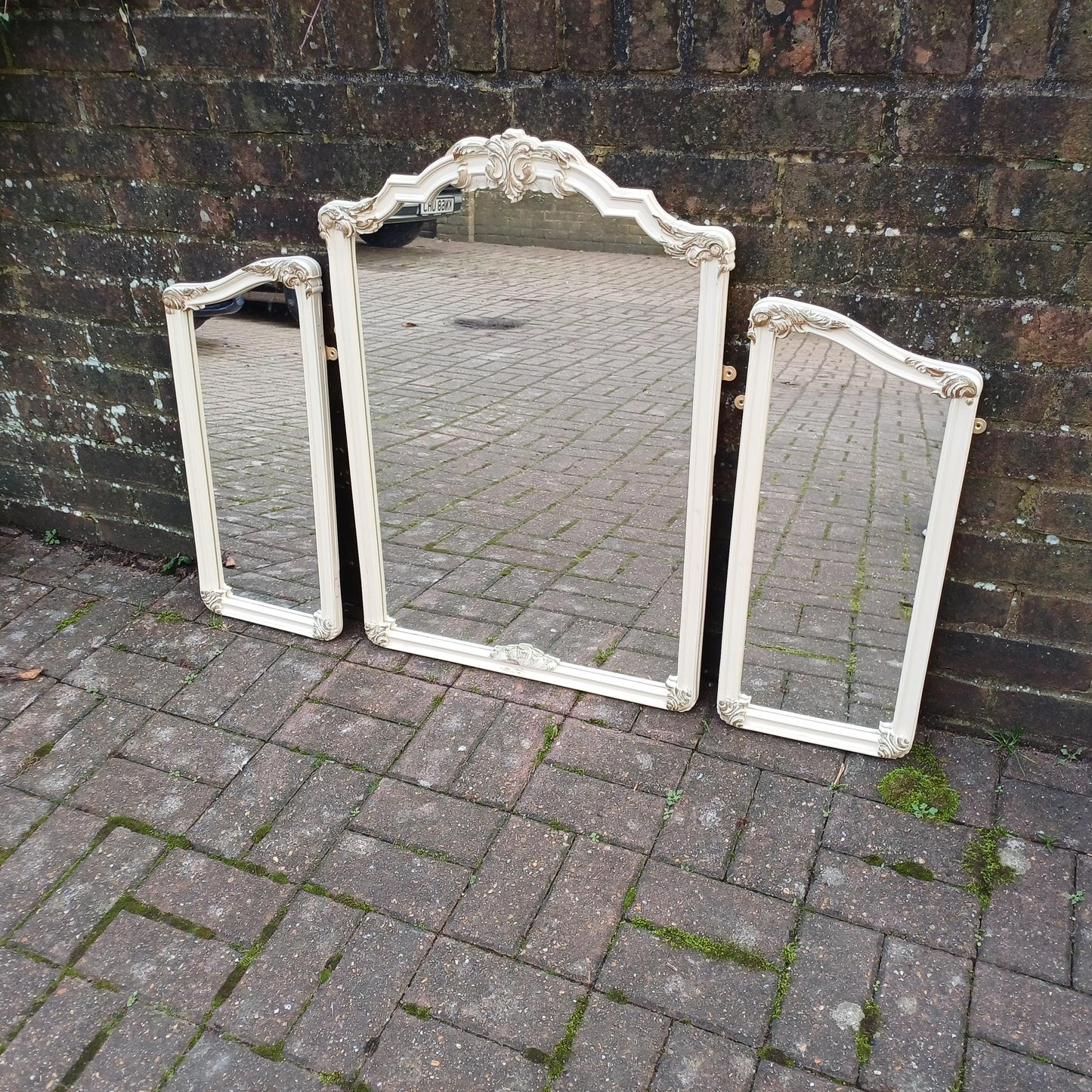 Quirky Vintage Dressing Table Mirror Set Over Mantel – Adaptable Trio with Gold Highlights (1970s/80s) FREE HAND Delivery