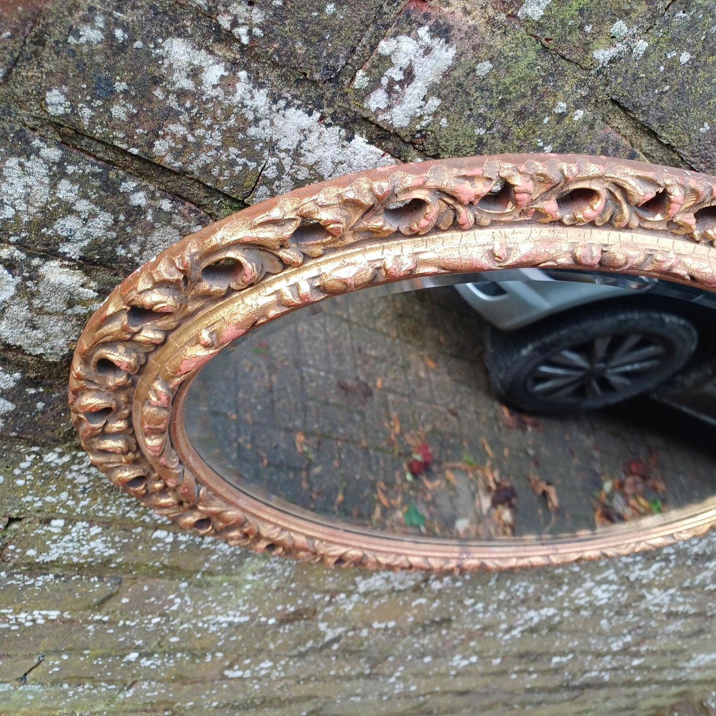 Beautiful Age Worn Gold Red with Highlights Oval Mirror Bevelled Glass 50 x 77 cm