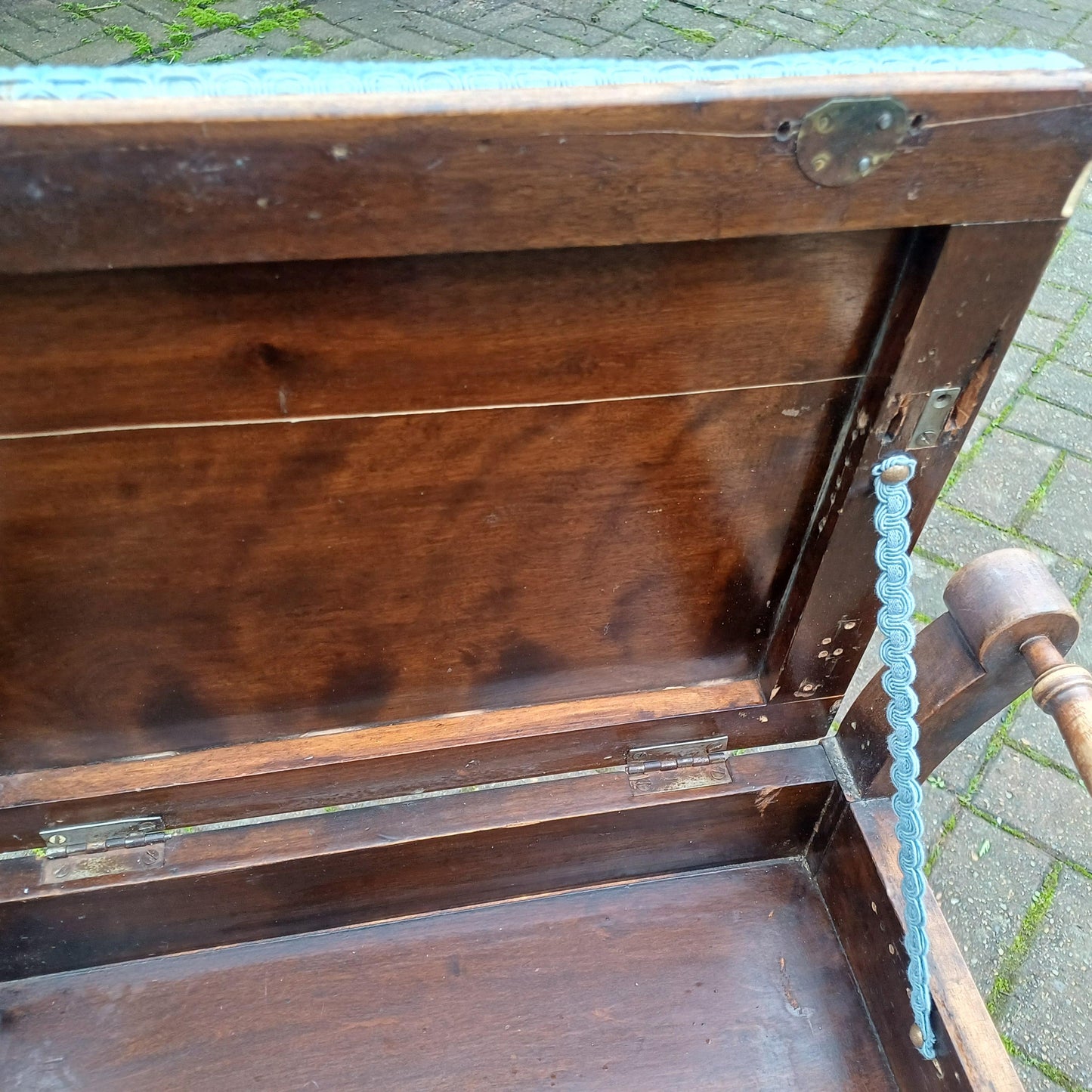 Elegant Vintage Late Victorian Mahogany Piano Stool with Storage Compartment Soft Blue Fabric