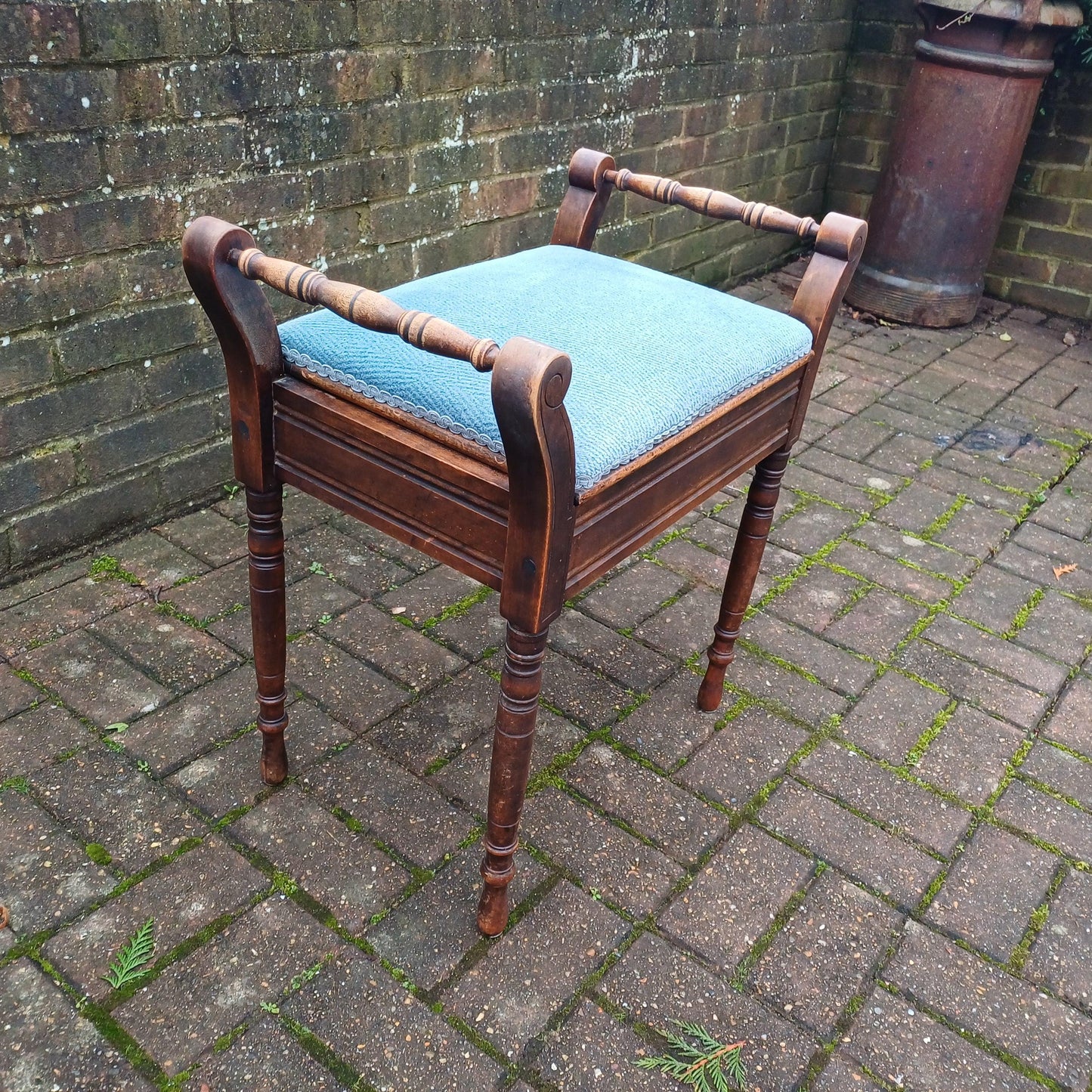 Elegant Vintage Late Victorian Mahogany Piano Stool with Storage Compartment Soft Blue Fabric