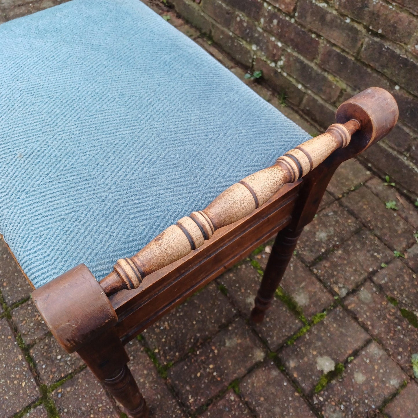 Elegant Vintage Late Victorian Mahogany Piano Stool with Storage Compartment Soft Blue Fabric