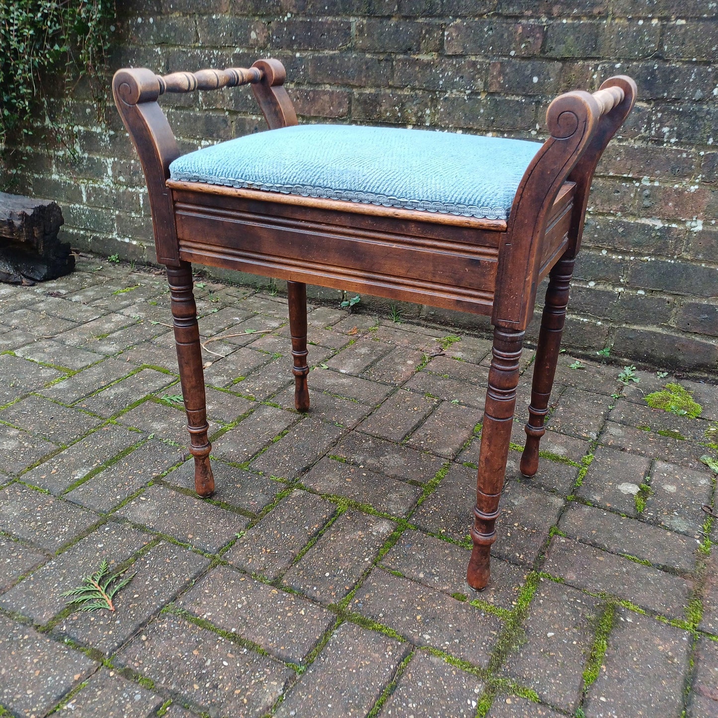 Elegant Vintage Late Victorian Mahogany Piano Stool with Storage Compartment Soft Blue Fabric