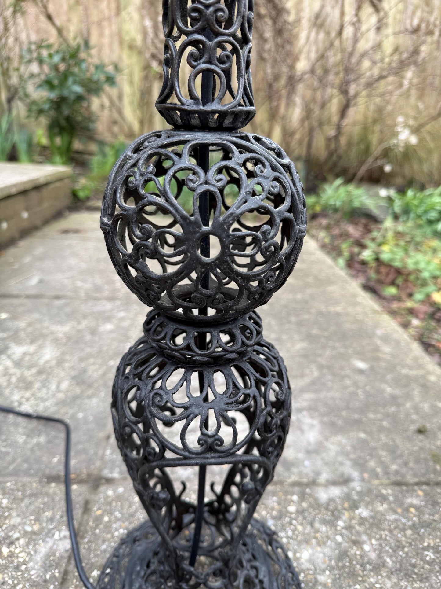 Retro Black Filigree Metal tall vintage lamp - PAT tested and working; vintage floor lamp, tall lamp, ornate lamp, 1960s lamp