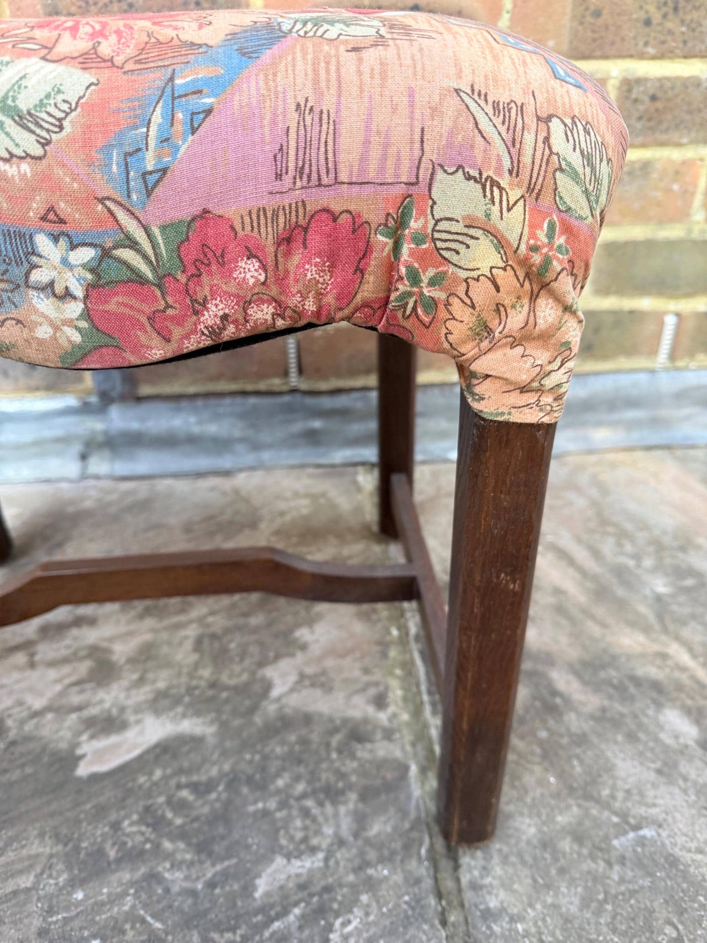 Mid-century wooden stool with a 1980s fabric seat, retro stool, 1950s stool, wooden stool, wood stool, upholstered stool