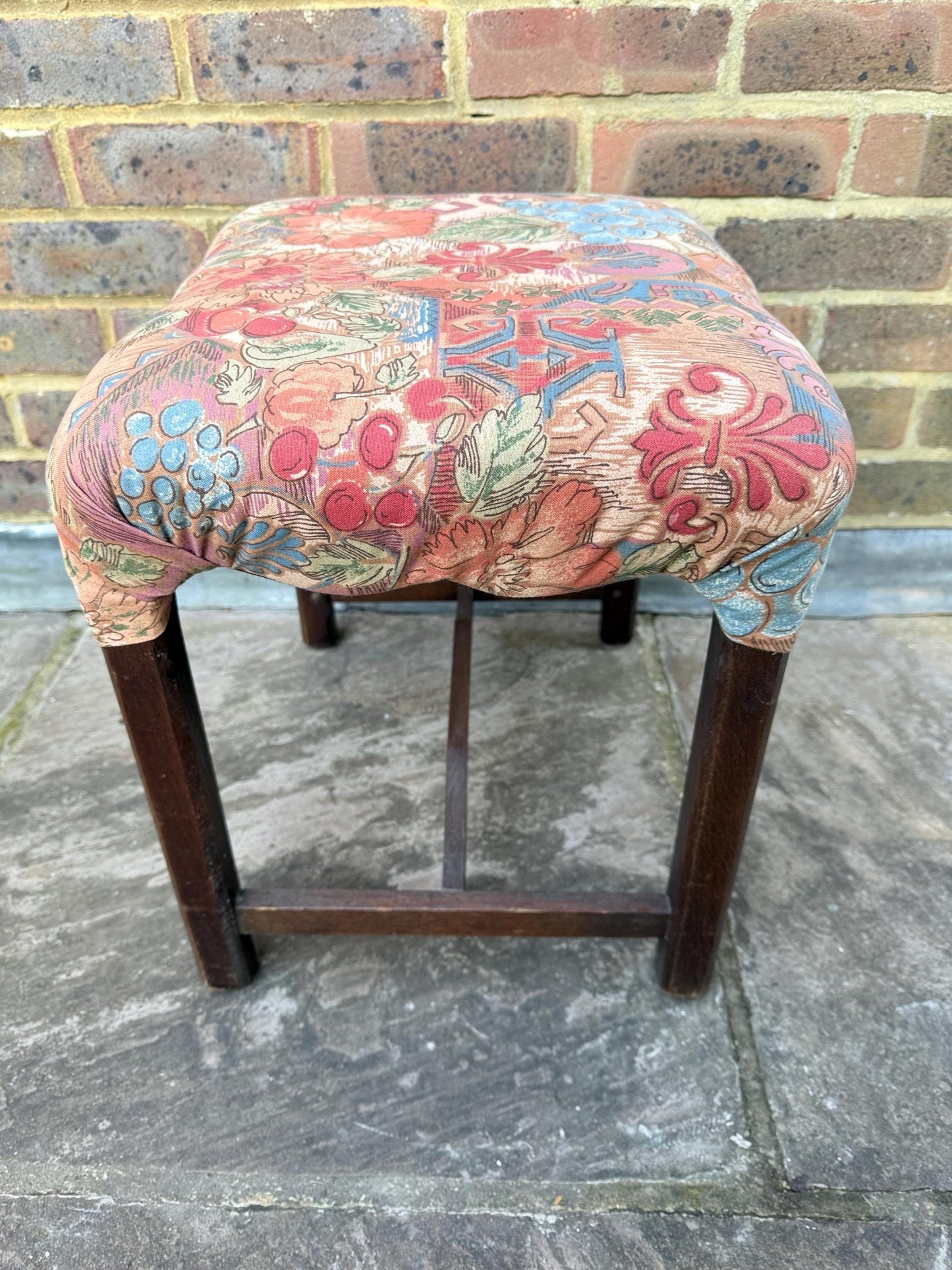 Mid-century wooden stool with a 1980s fabric seat, retro stool, 1950s stool, wooden stool, wood stool, upholstered stool