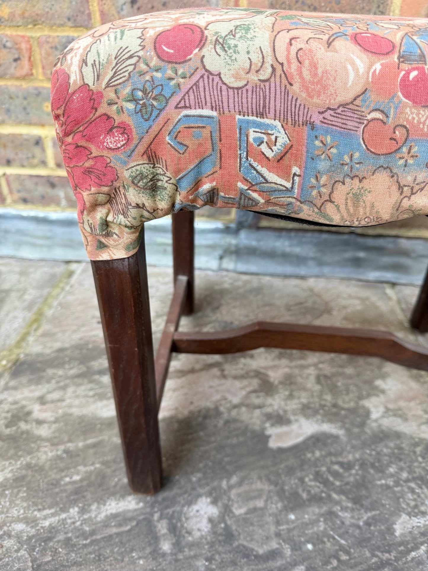 Mid-century wooden stool with a 1980s fabric seat, retro stool, 1950s stool, wooden stool, wood stool, upholstered stool