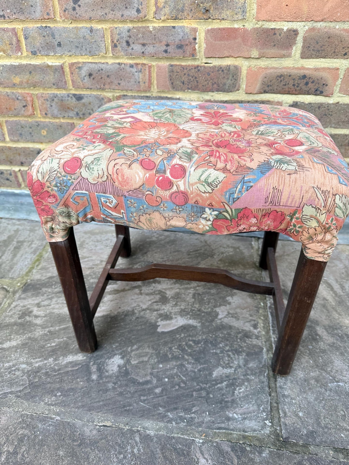 Mid-century wooden stool with a 1980s fabric seat, retro stool, 1950s stool, wooden stool, wood stool, upholstered stool