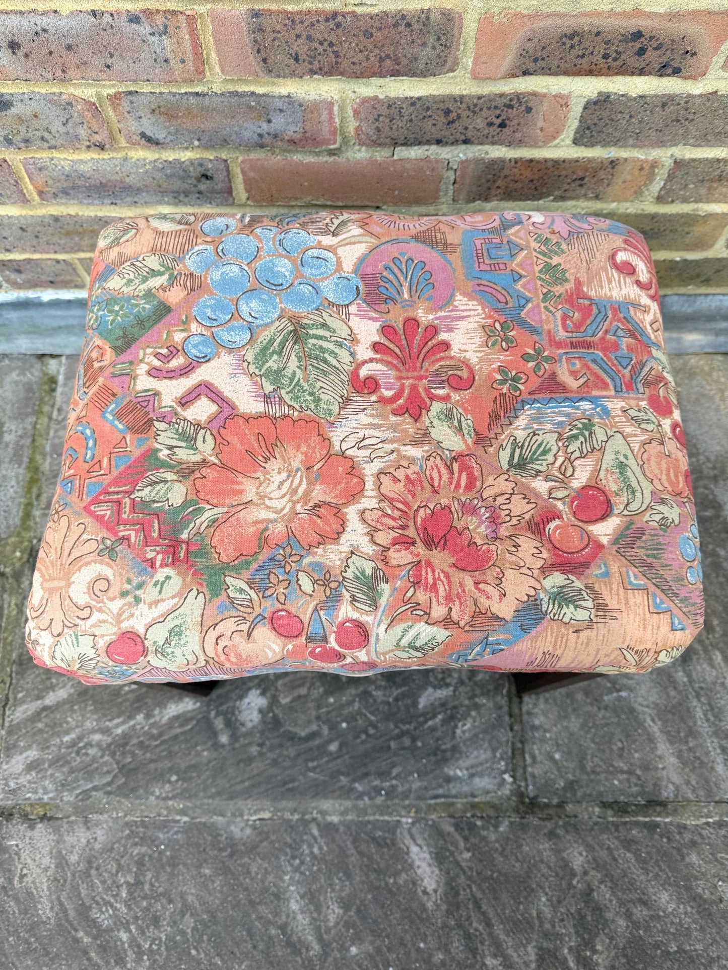 Mid-century wooden stool with a 1980s fabric seat, retro stool, 1950s stool, wooden stool, wood stool, upholstered stool