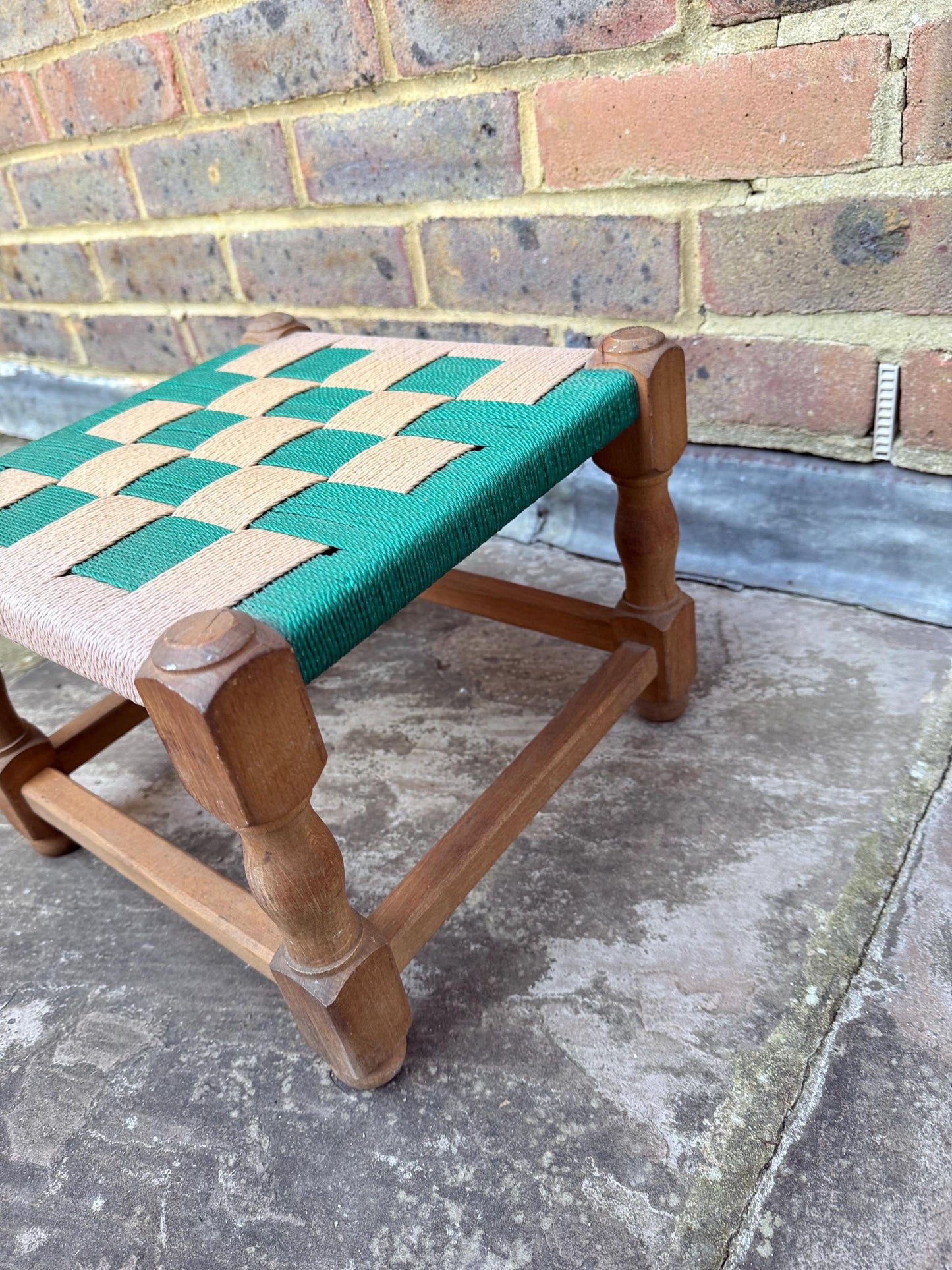 Fabulous retro vintage foot stool, woven stool, retro woven string stool - green and brown and beige stool, child chair