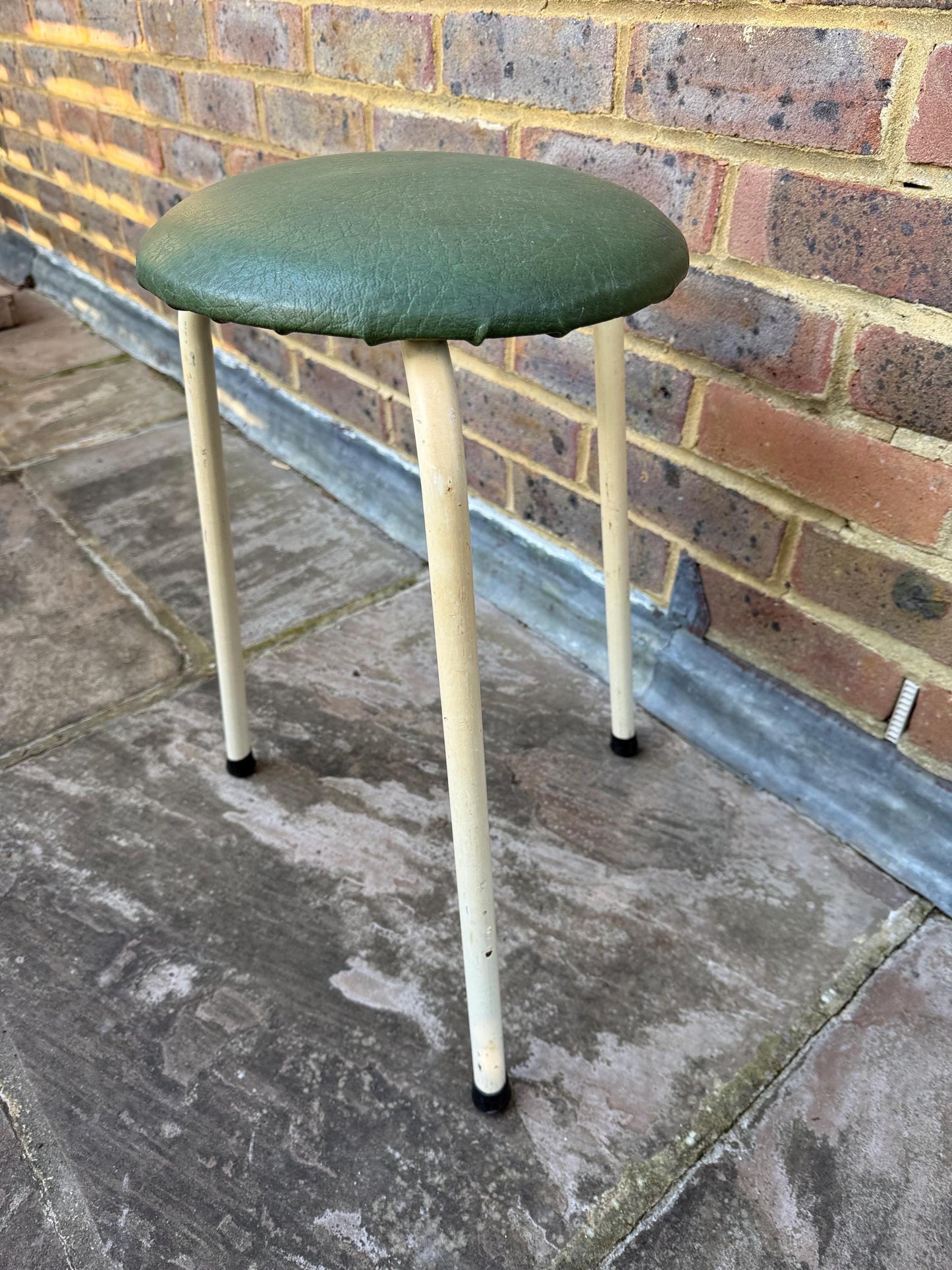 Mid-century small metal kitchen stool - vintage stool, green leatherette vinyl stool, metal stool, vintage kitchen