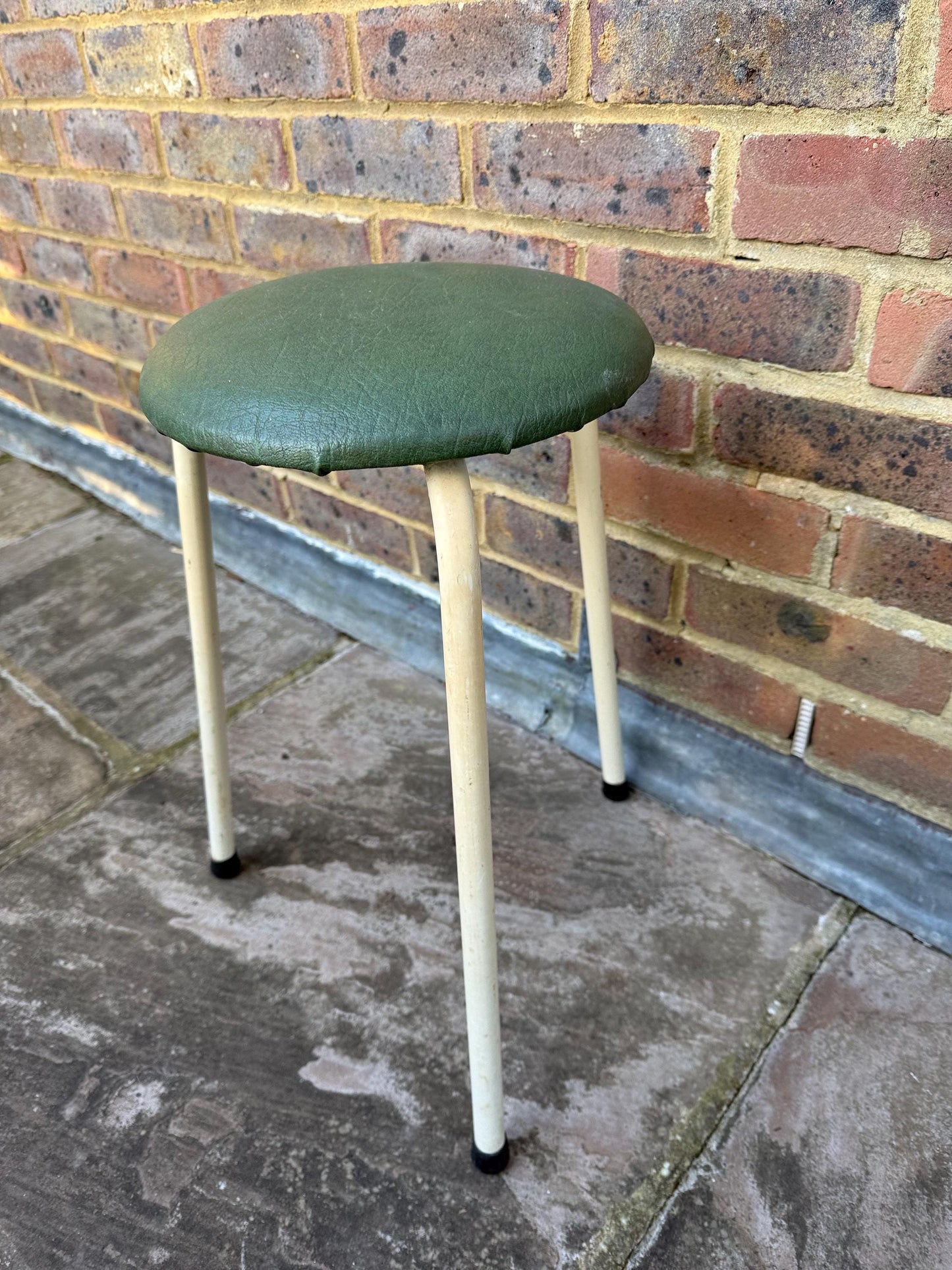 Mid-century small metal kitchen stool - vintage stool, green leatherette vinyl stool, metal stool, vintage kitchen