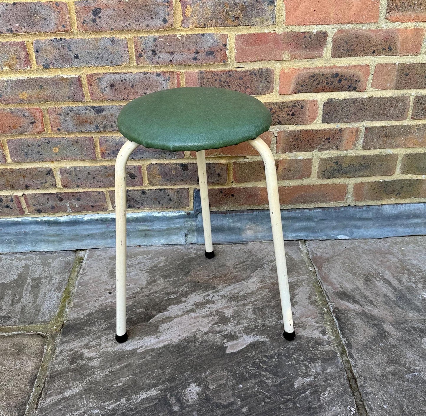 Mid-century small metal kitchen stool - vintage stool, green leatherette vinyl stool, metal stool, vintage kitchen