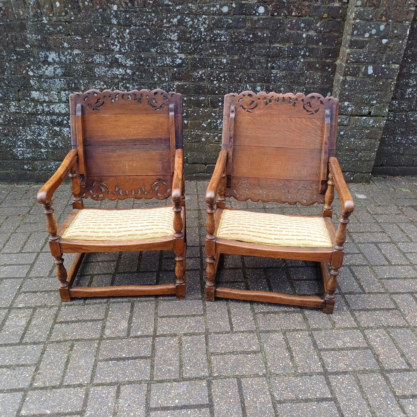 Pair of Solid Oak Monks Bench Upholstered Occasional Chairs Tables Side Chair Table FREE HAND Delivery