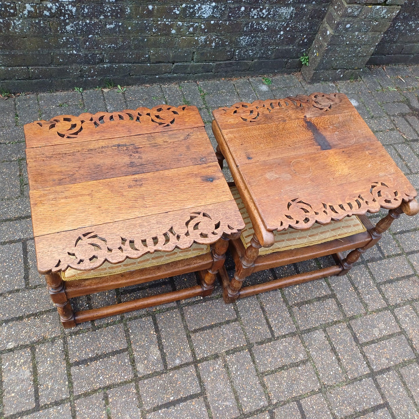 Pair of Solid Oak Monks Bench Upholstered Occasional Chairs Tables Side Chair Table FREE HAND Delivery
