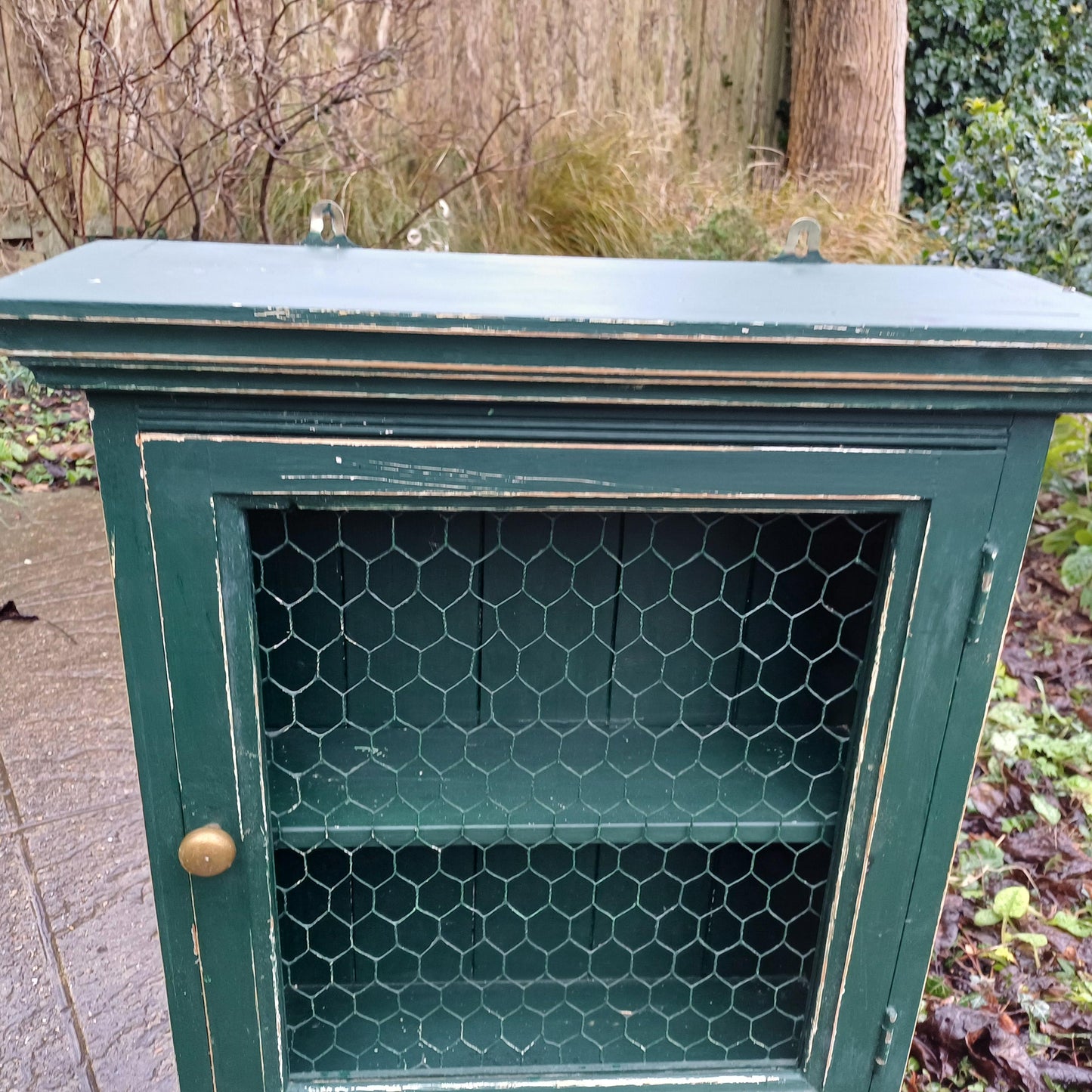 Vintage Solid Pine Painted Green Upcycled Wall Cupboard A Shabby Chic Chicken Wire Collectible!