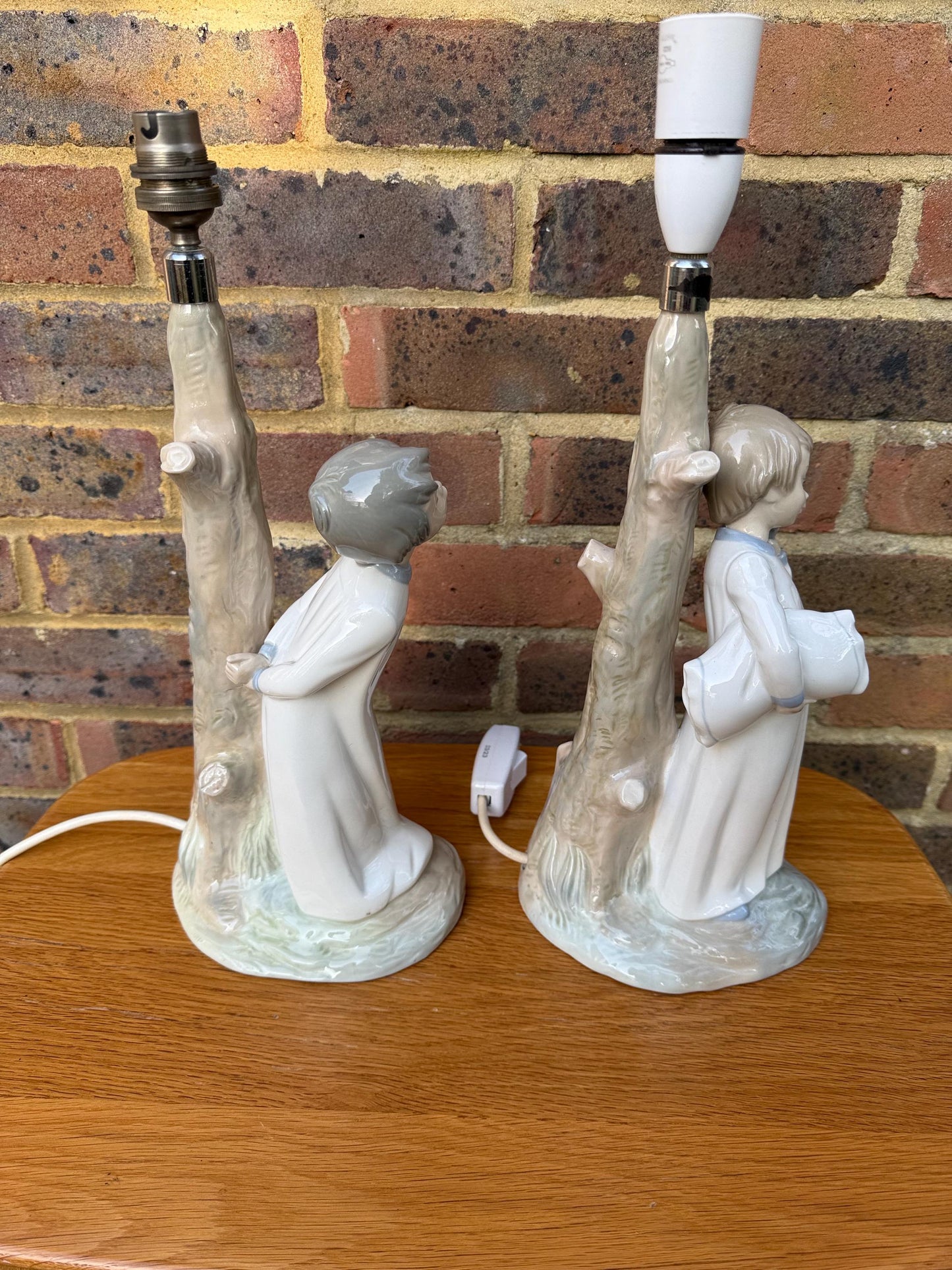 Pair Vintage Retro Lladro Bedtime Character Porcelain Lamps - Going to Bed, Kiss Me Goodnight - PAT tested, Excellent condition