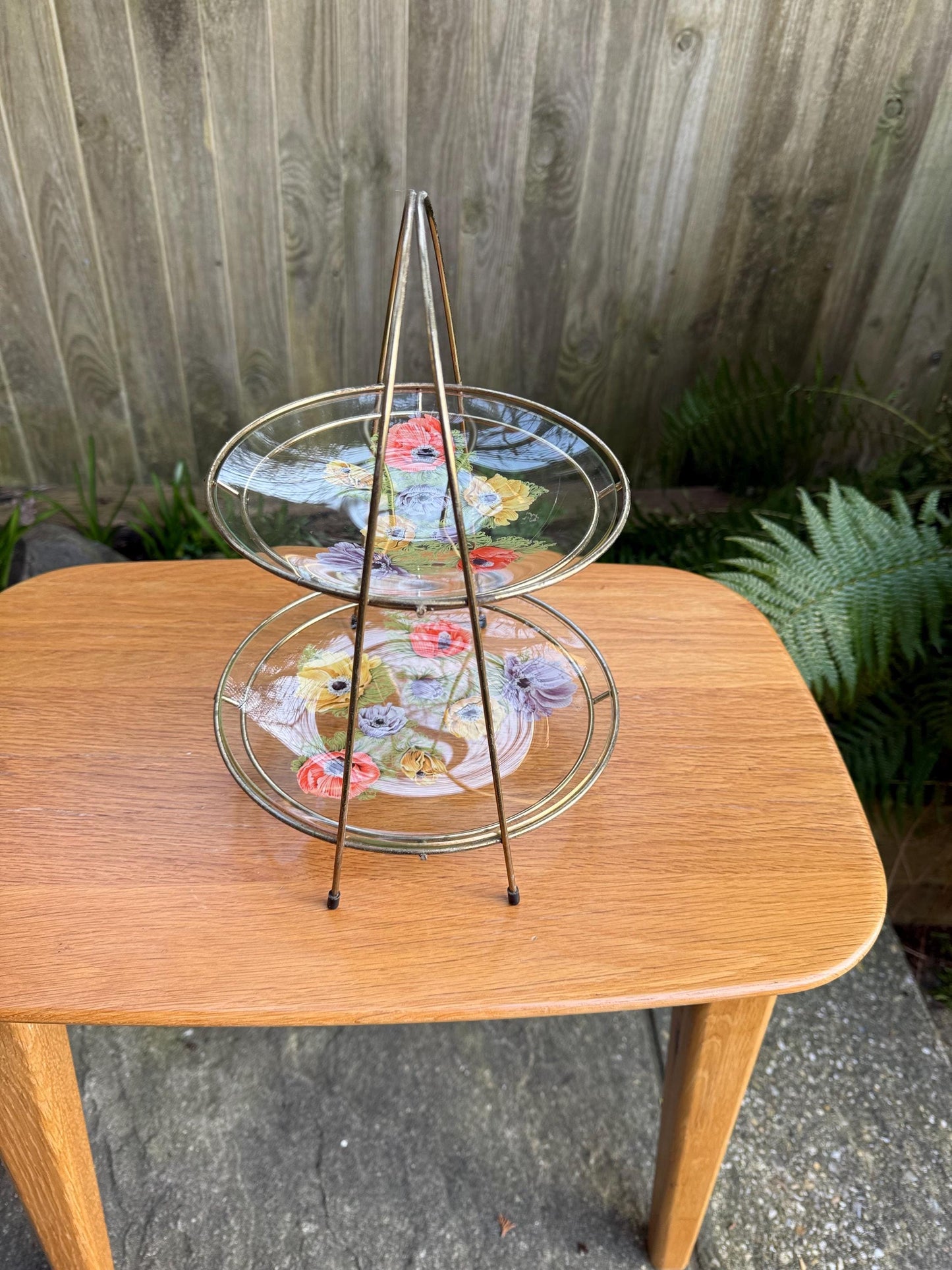 Tiered Vintage Retro Cake Plate Stand - two delicate glass painted plates in retro metal stand