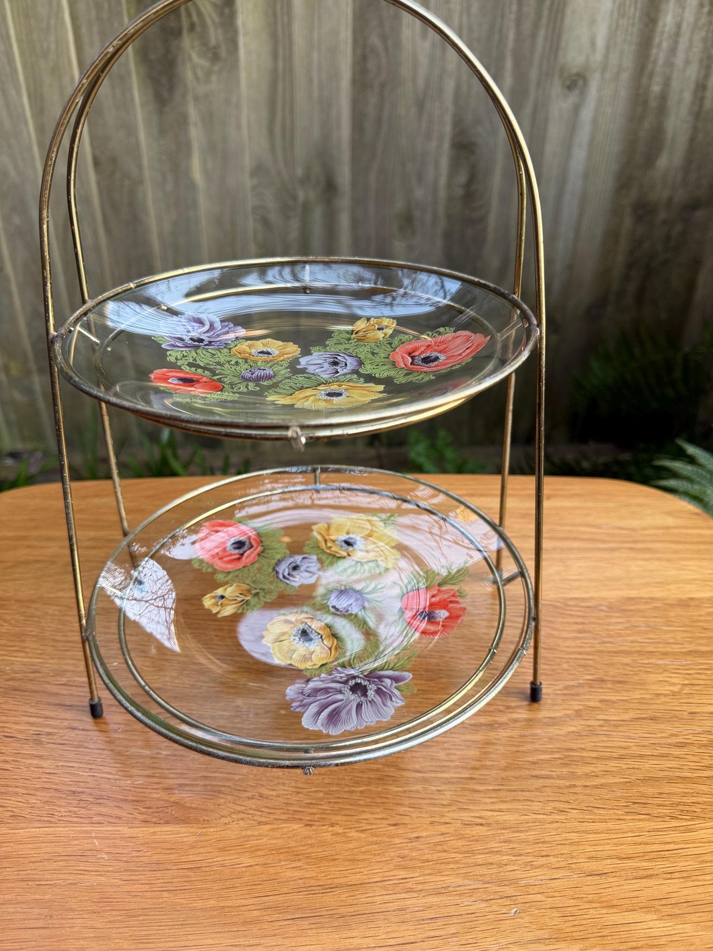 Tiered Vintage Retro Cake Plate Stand - two delicate glass painted plates in retro metal stand