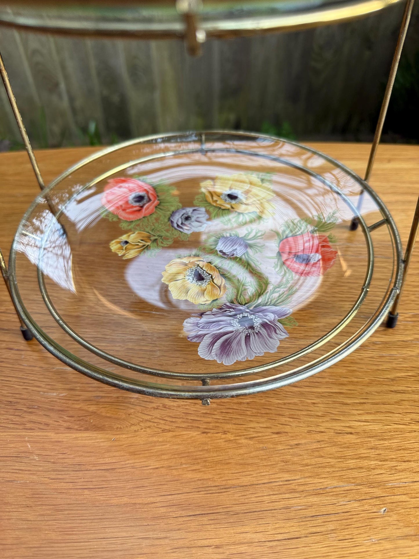 Tiered Vintage Retro Cake Plate Stand - two delicate glass painted plates in retro metal stand