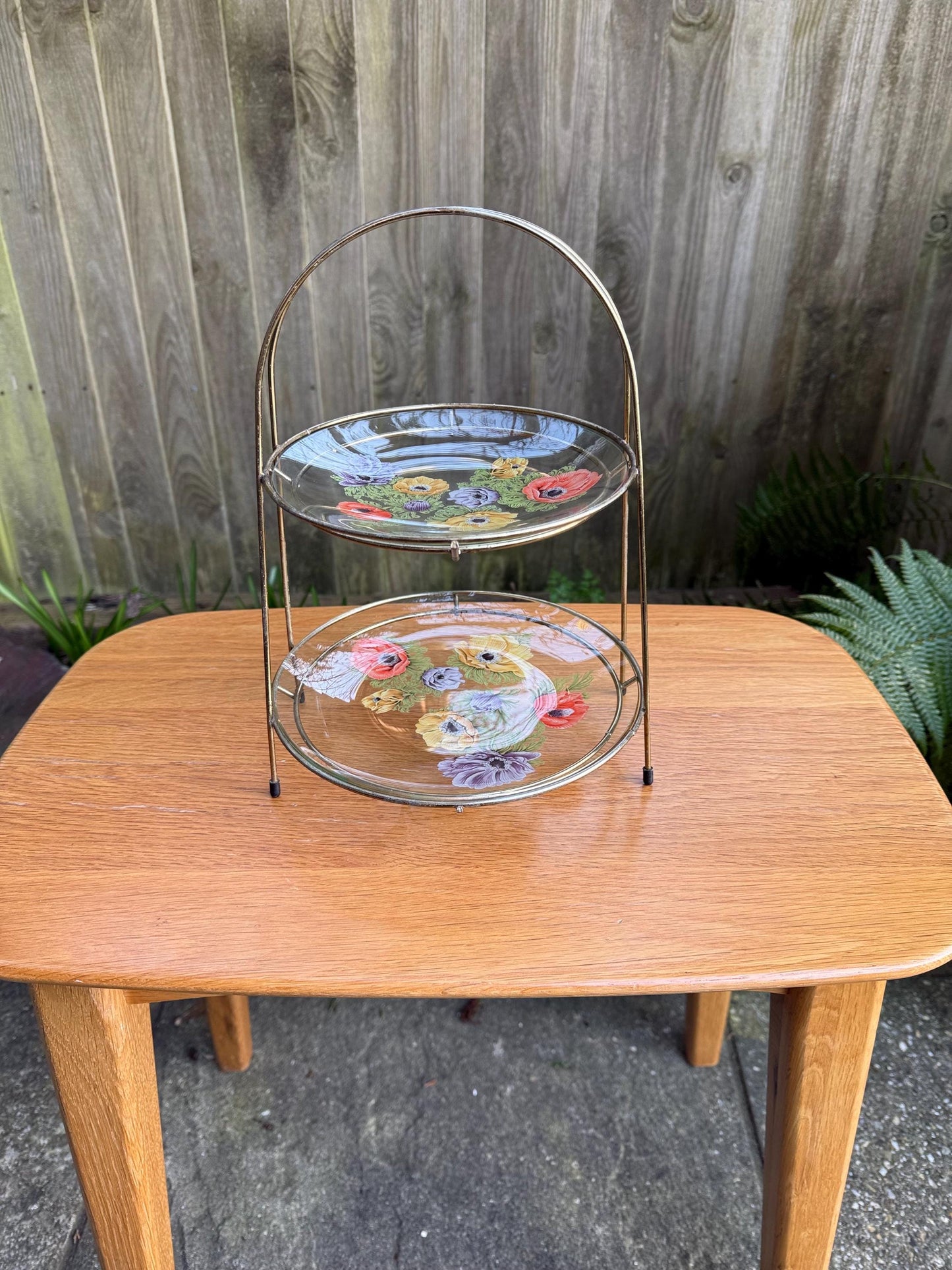 Tiered Vintage Retro Cake Plate Stand - two delicate glass painted plates in retro metal stand