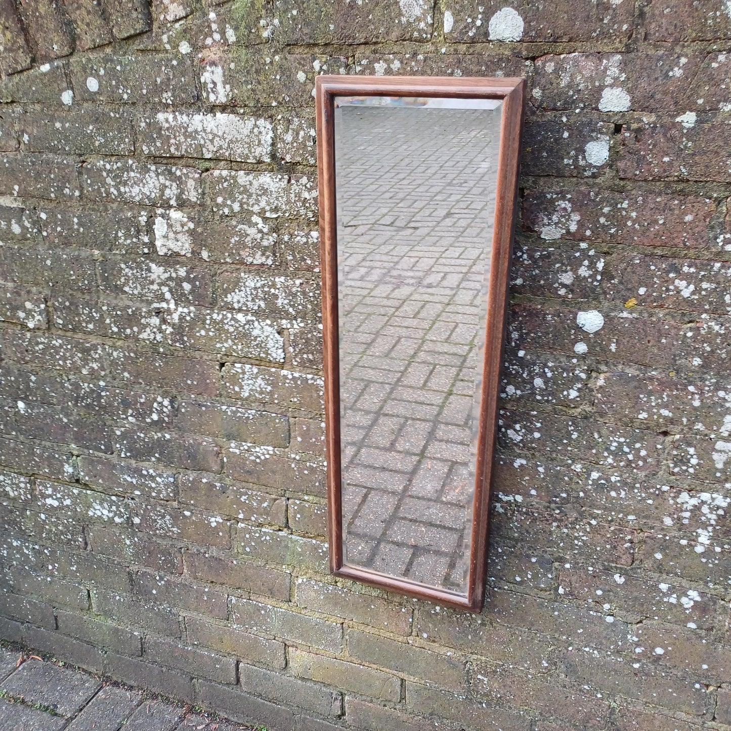 Vintage Antique Long Thin Mahogany Wall Mirror.