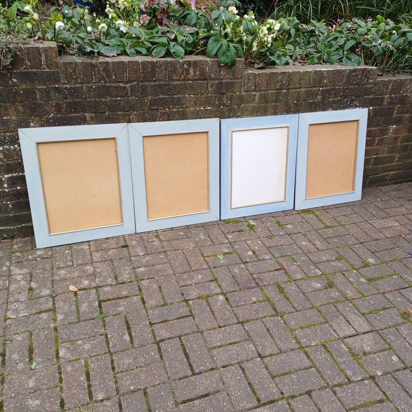 Wonderful set of four grey and gold wooden painted frames. Shabby chic. No glass. ready to hang