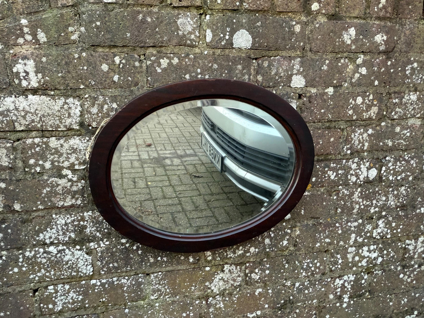 Antique small oval wooden mirror with bevelled glass - super shape and size - 45.5cm x 35cm