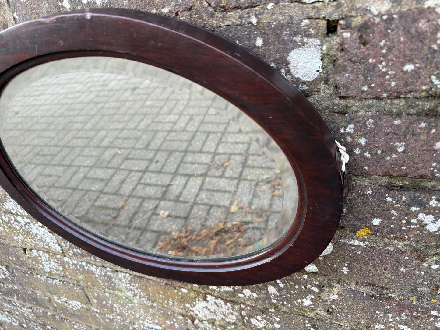 Antique small oval wooden mirror with bevelled glass - super shape and size - 45.5cm x 35cm
