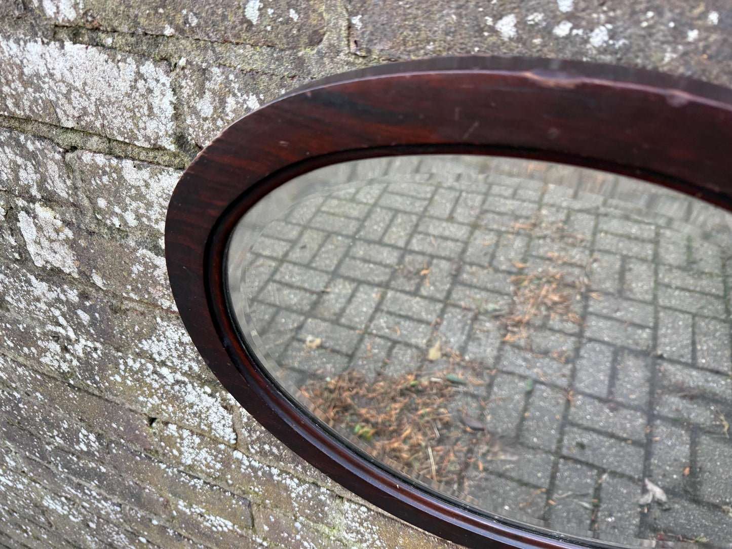 Antique small oval wooden mirror with bevelled glass - super shape and size - 45.5cm x 35cm