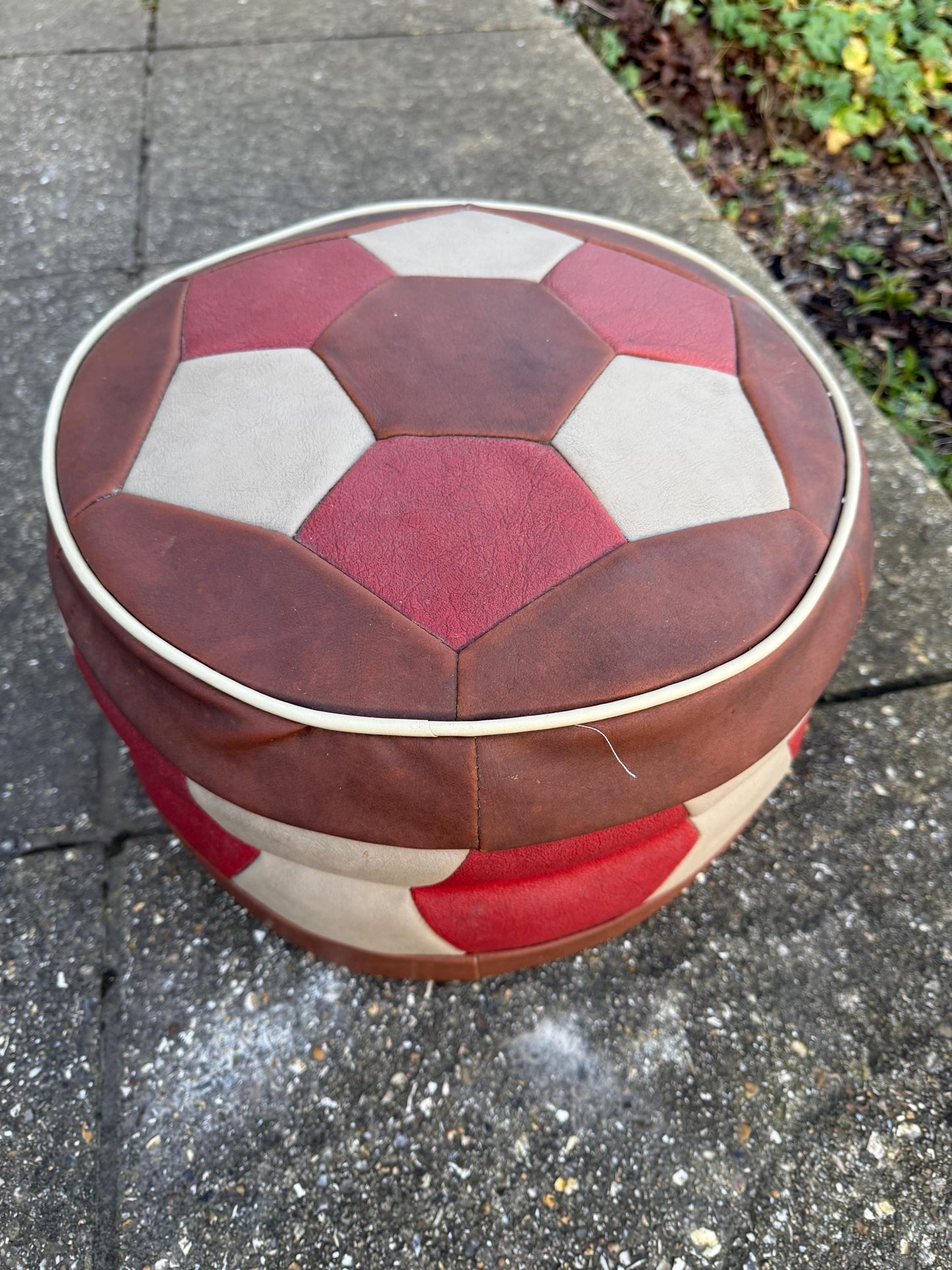 Fabulous 1970s retro leatherette matchwork pouf, ottomoan, foot stool, retro stool - 37cm w x 24cm h