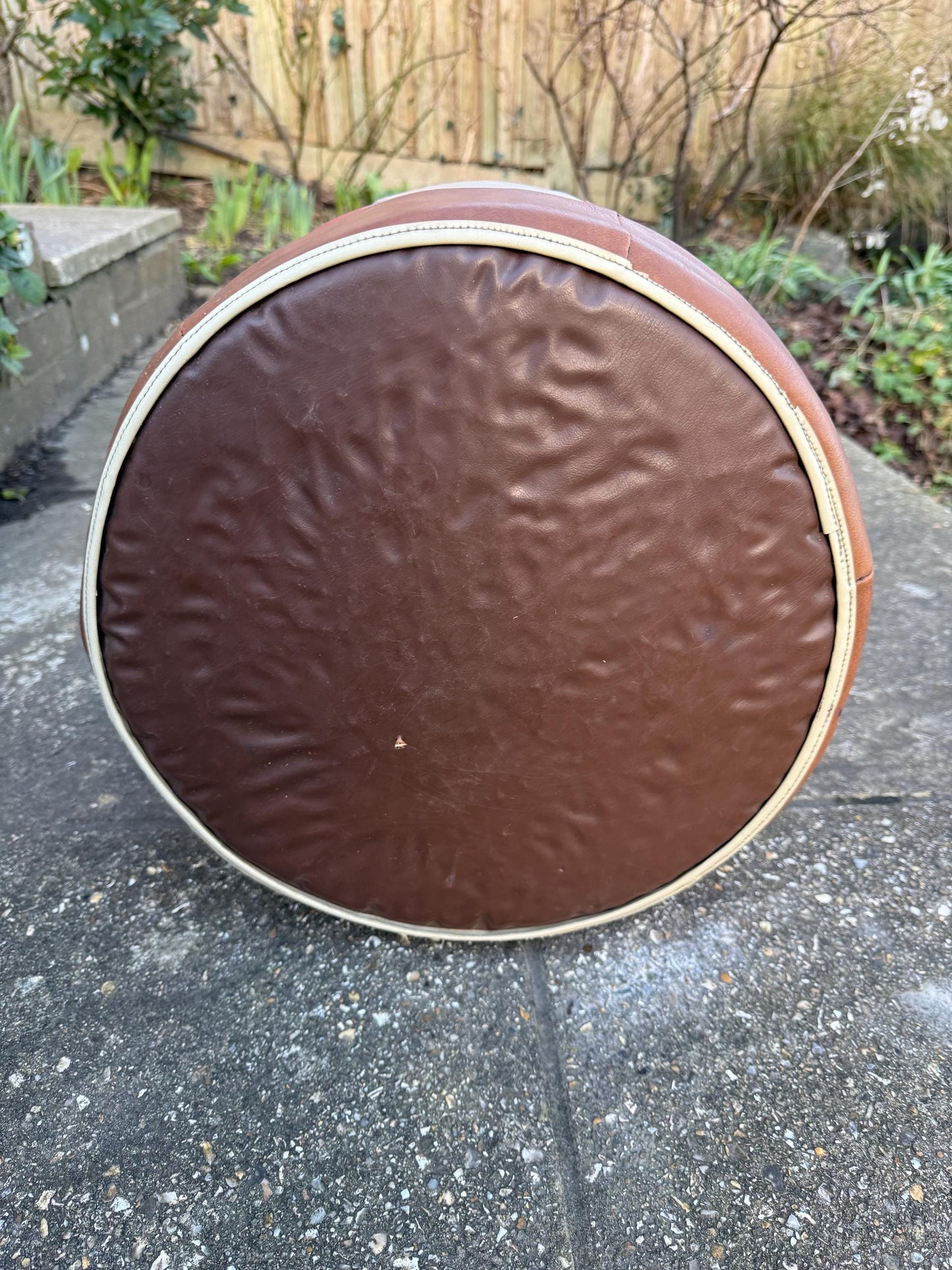 Fabulous 1970s retro leatherette matchwork pouf, ottomoan, foot stool, retro stool - 37cm w x 24cm h