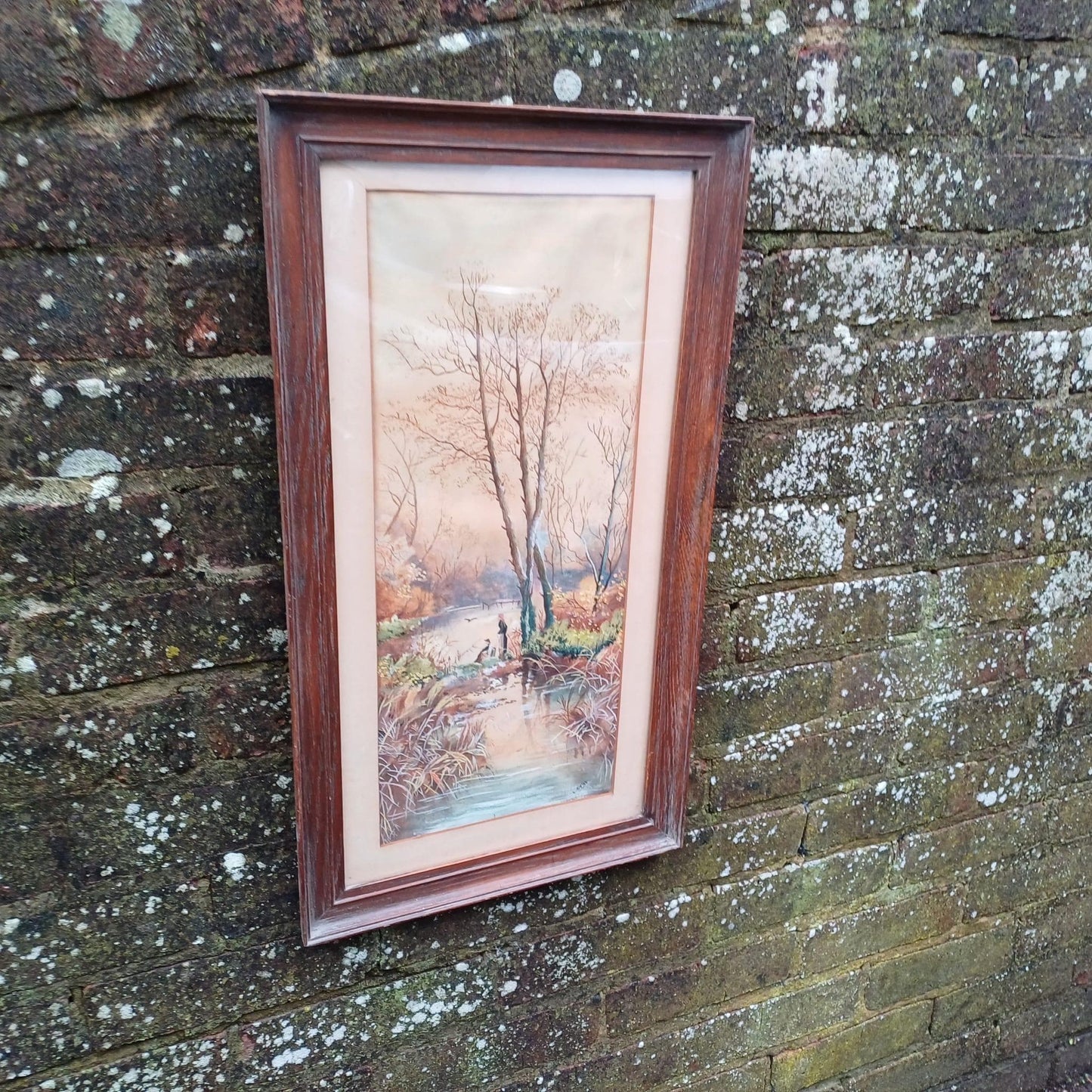 Delightful vintage watercolour in vertical portrait wooden vintage frame - quality wooden vintage frame with portrait water colour 62cm 34cm