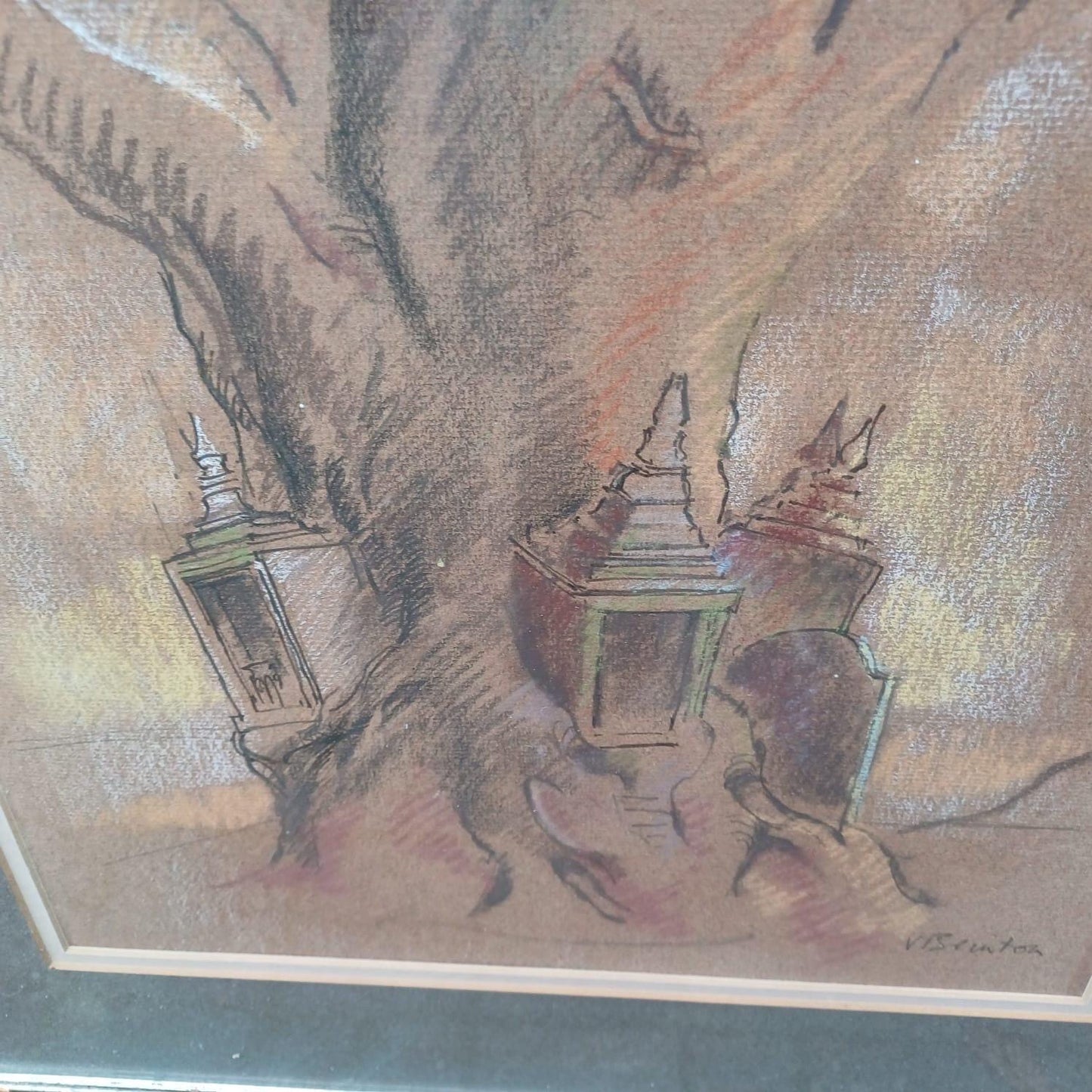 Quirky Vintage Pastel of Tree, Lanterns and Gravestone - mystical, fairytale, unusual - VGC 53cm x 43cm