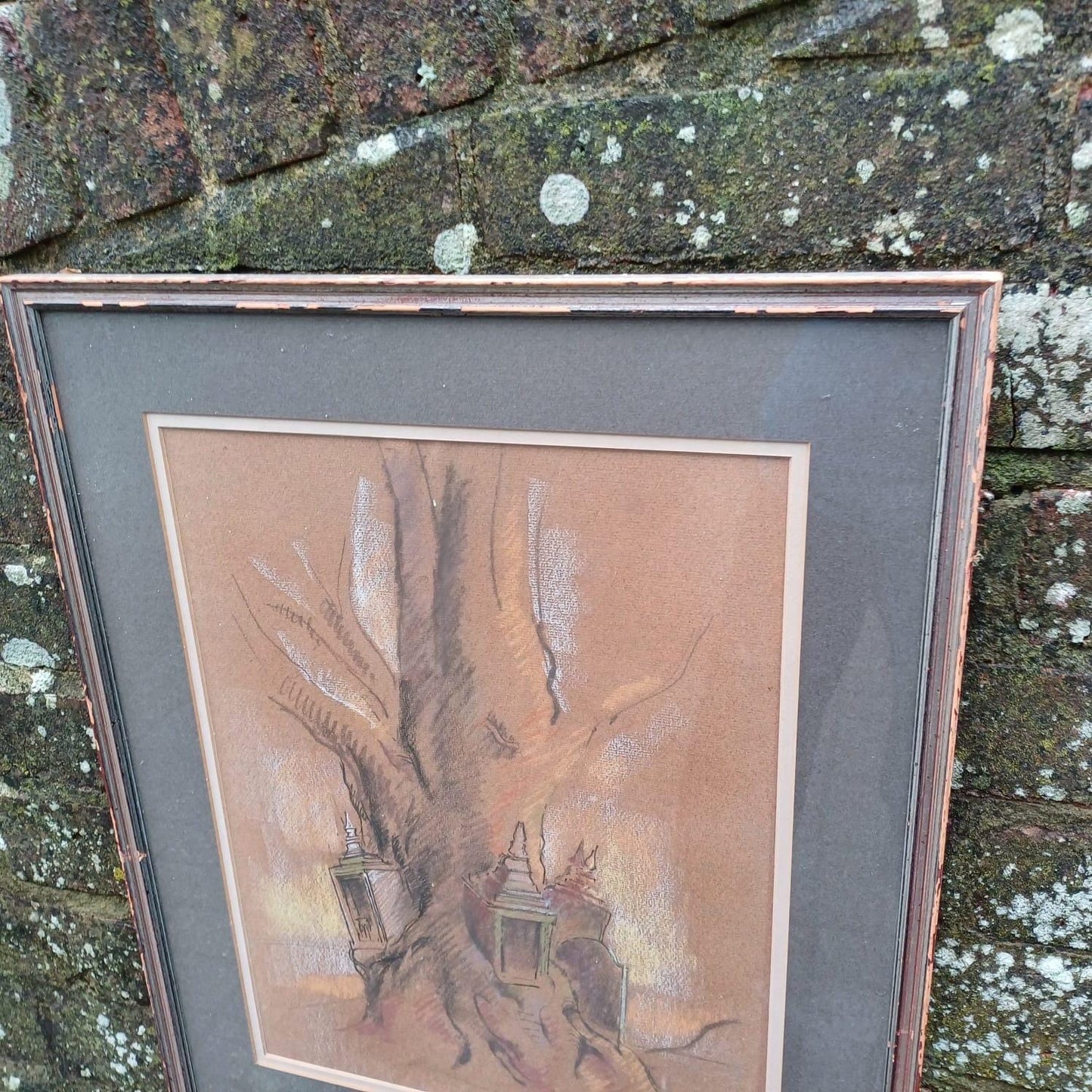 Quirky Vintage Pastel of Tree, Lanterns and Gravestone - mystical, fairytale, unusual - VGC 53cm x 43cm