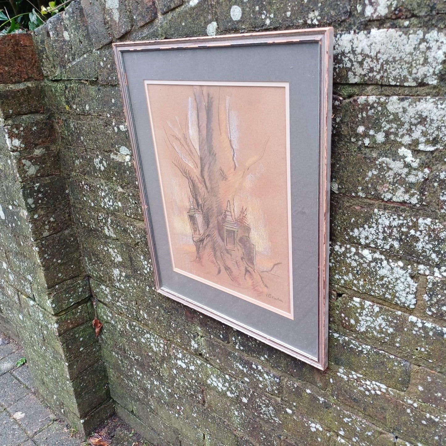 Quirky Vintage Pastel of Tree, Lanterns and Gravestone - mystical, fairytale, unusual - VGC 53cm x 43cm