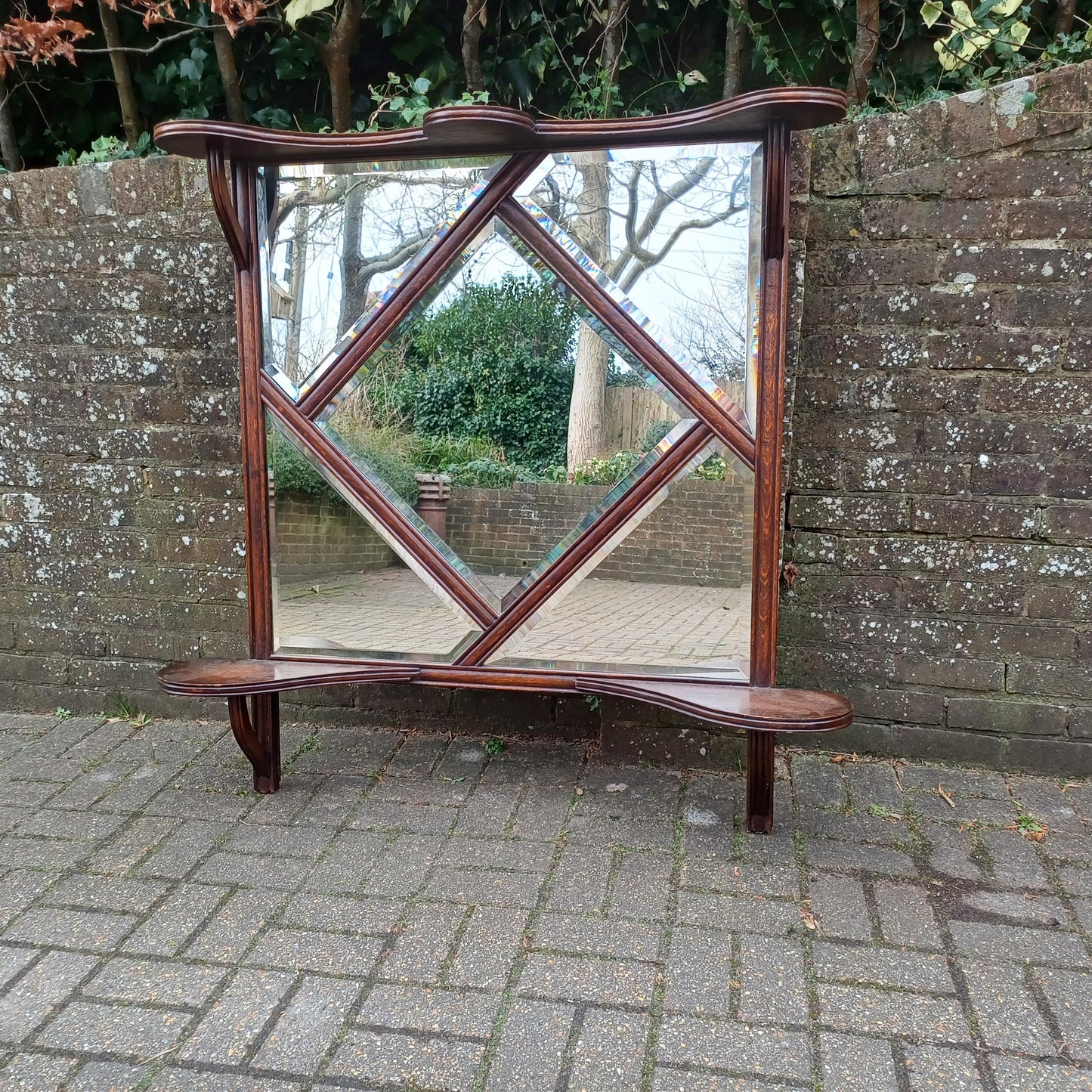 Rare Late Victorian Bevelled Wall Mirror Oak Frame 5Panel Glass Industrial Gothic Style Overmantel or Hanging Display FREE HAND Delivery