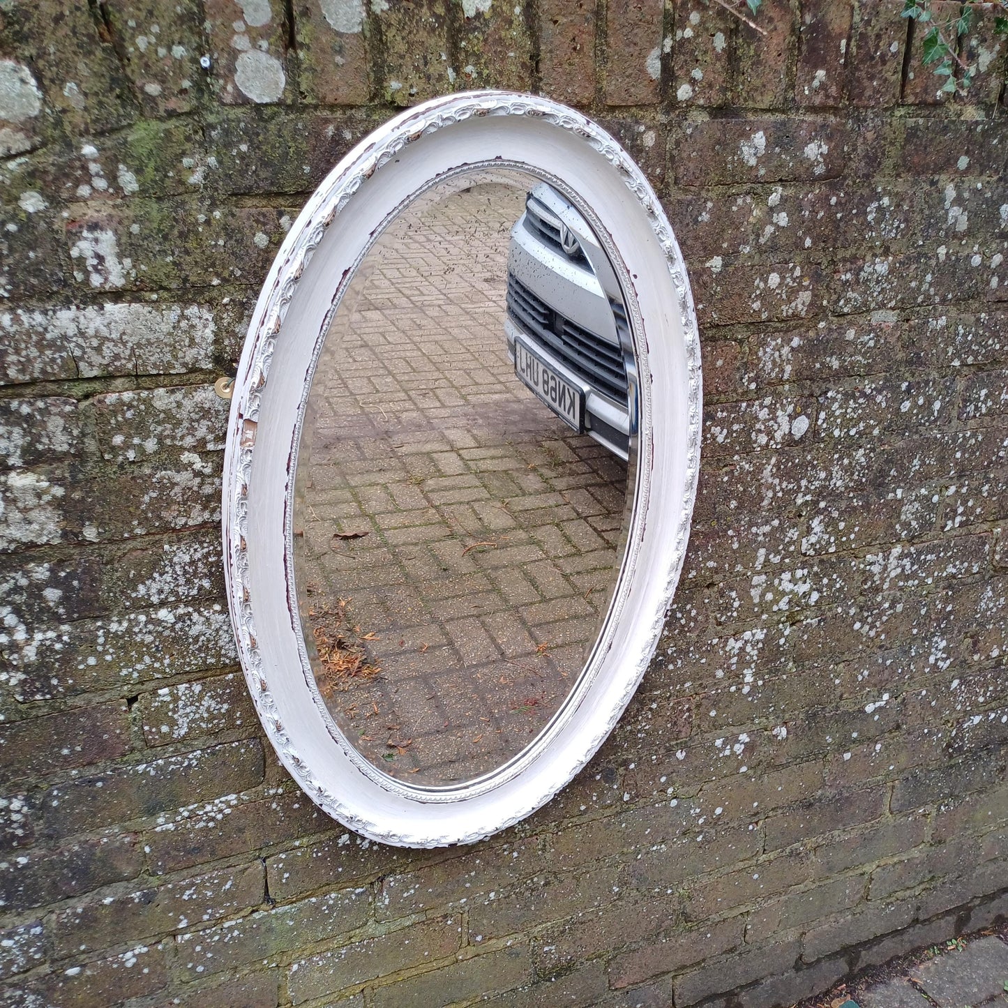 Large Age Worn Characterful Bespoke Vintage Painted Oval Mirror Very Shabby Chic