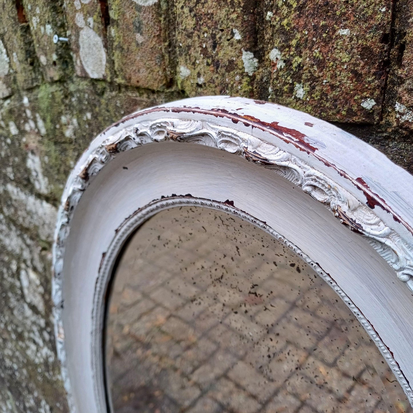 Large Age Worn Characterful Bespoke Vintage Painted Oval Mirror Very Shabby Chic